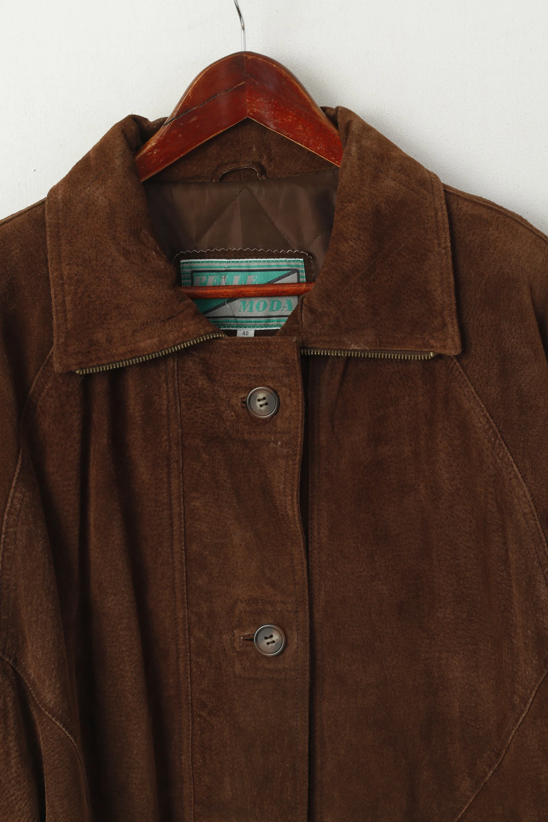 Pelle Moda Women 40 L Leather Jacket Brown Vintage Suede Zip Up Shoulder Pads Top - Image 2
