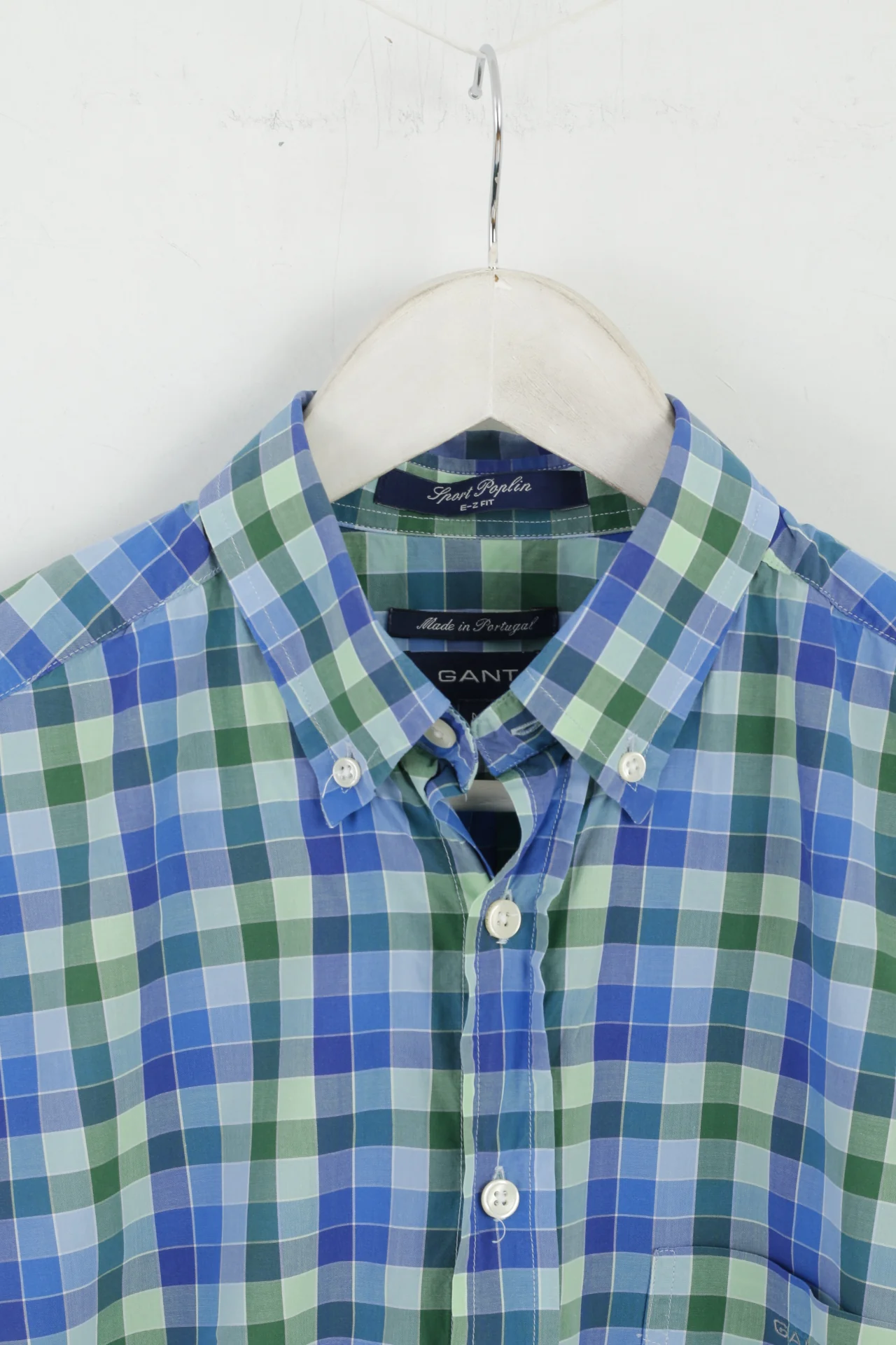 GANT Men M Casual Shirt Blue Check Sport Poplin E-Z Fir Short Sleeve Top - Image 2