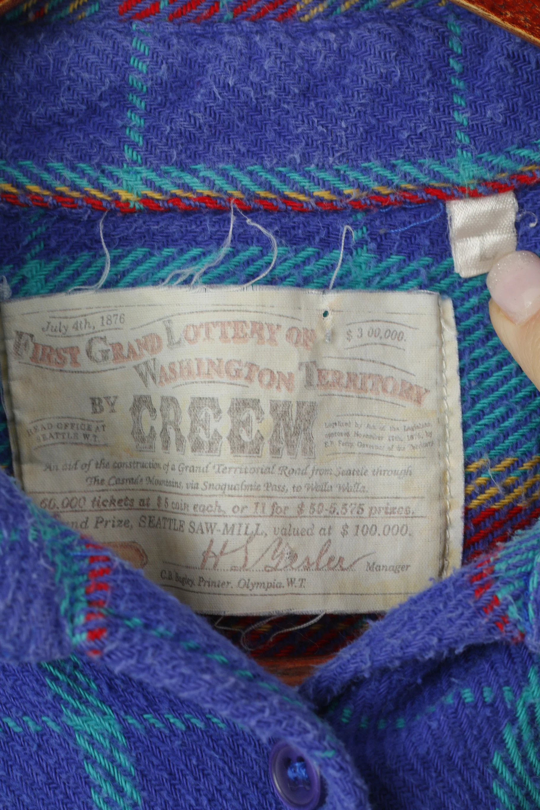 Creem Men L (M) Casual Shirt Blue Check Vintage First Grand Lottery of Washington Top - Image 4