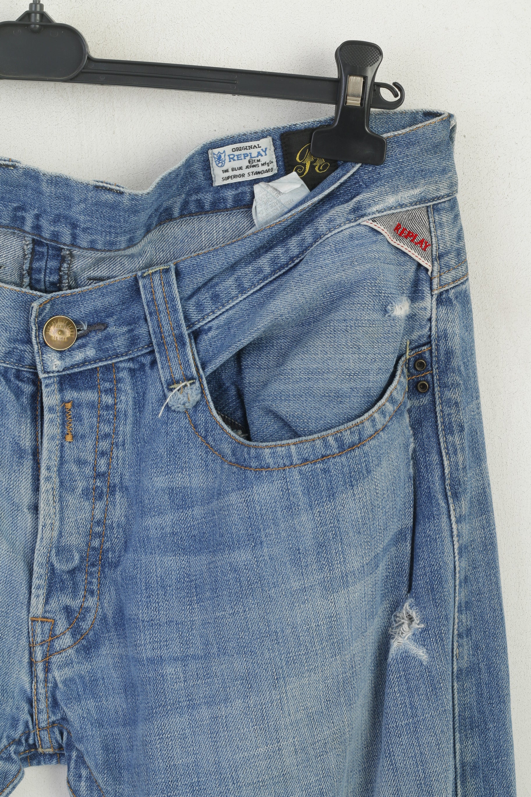 Replay Men 36 Trousers Blue Denim Cotton Straight  Ripped Jeans Pants - Image 2