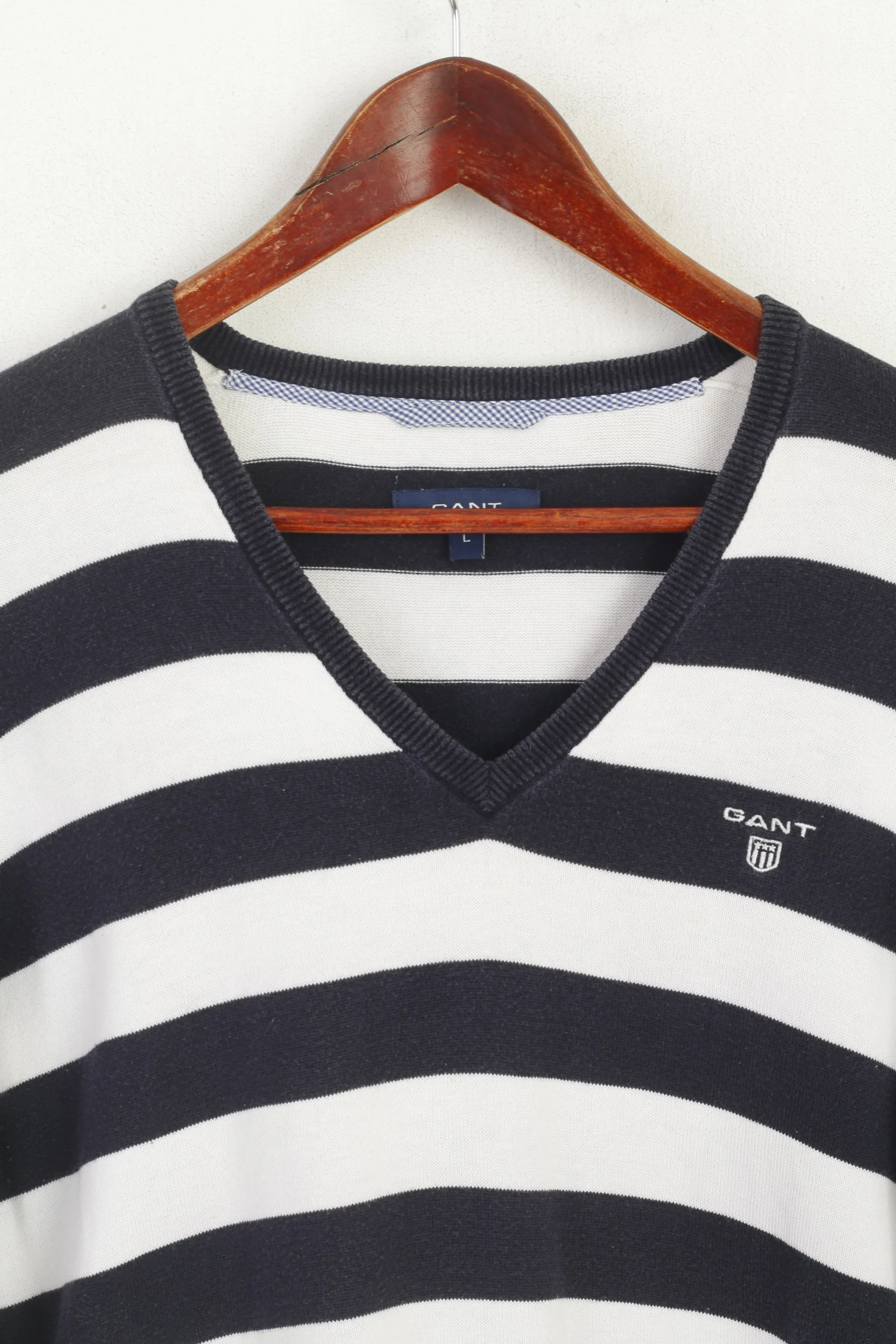 Gant Men L (M) Jumper Navy Striped Marine 100% Cotton V Neck Classic Sweater - Image 2