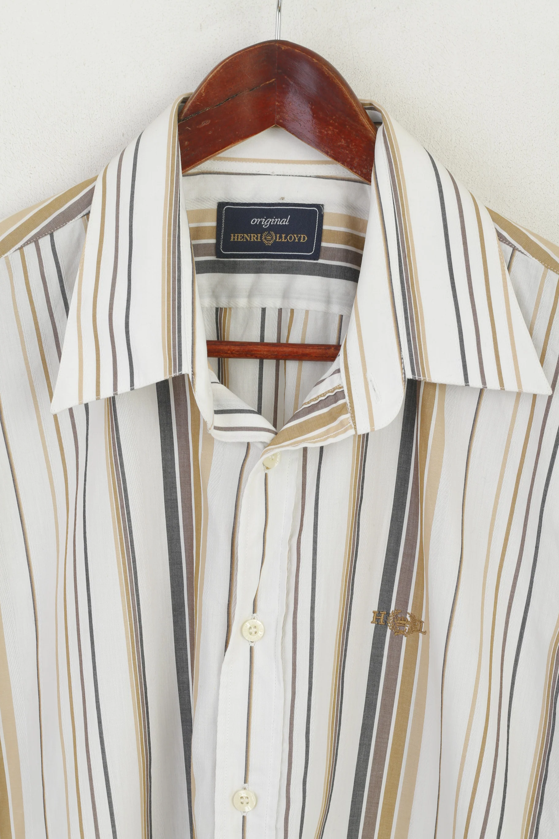 Henri Lloyd Men XL (L) Casual Shirt Beige Cotton Striped Detailed Buttons Retro Top - Image 2
