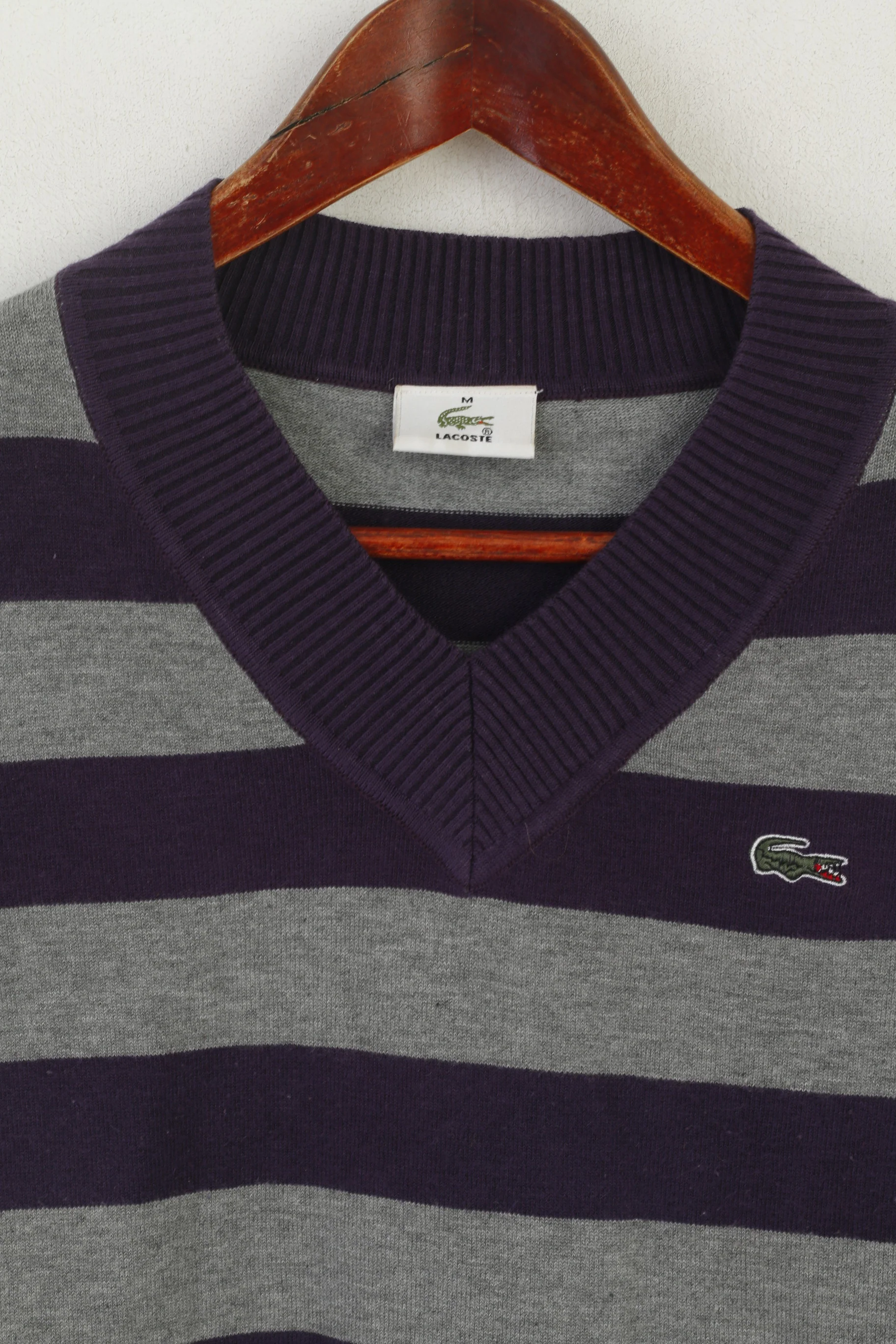 Lacoste Women M Jumper Grey Purple Striped Cropped Stretch V Neck Sweater - Image 2