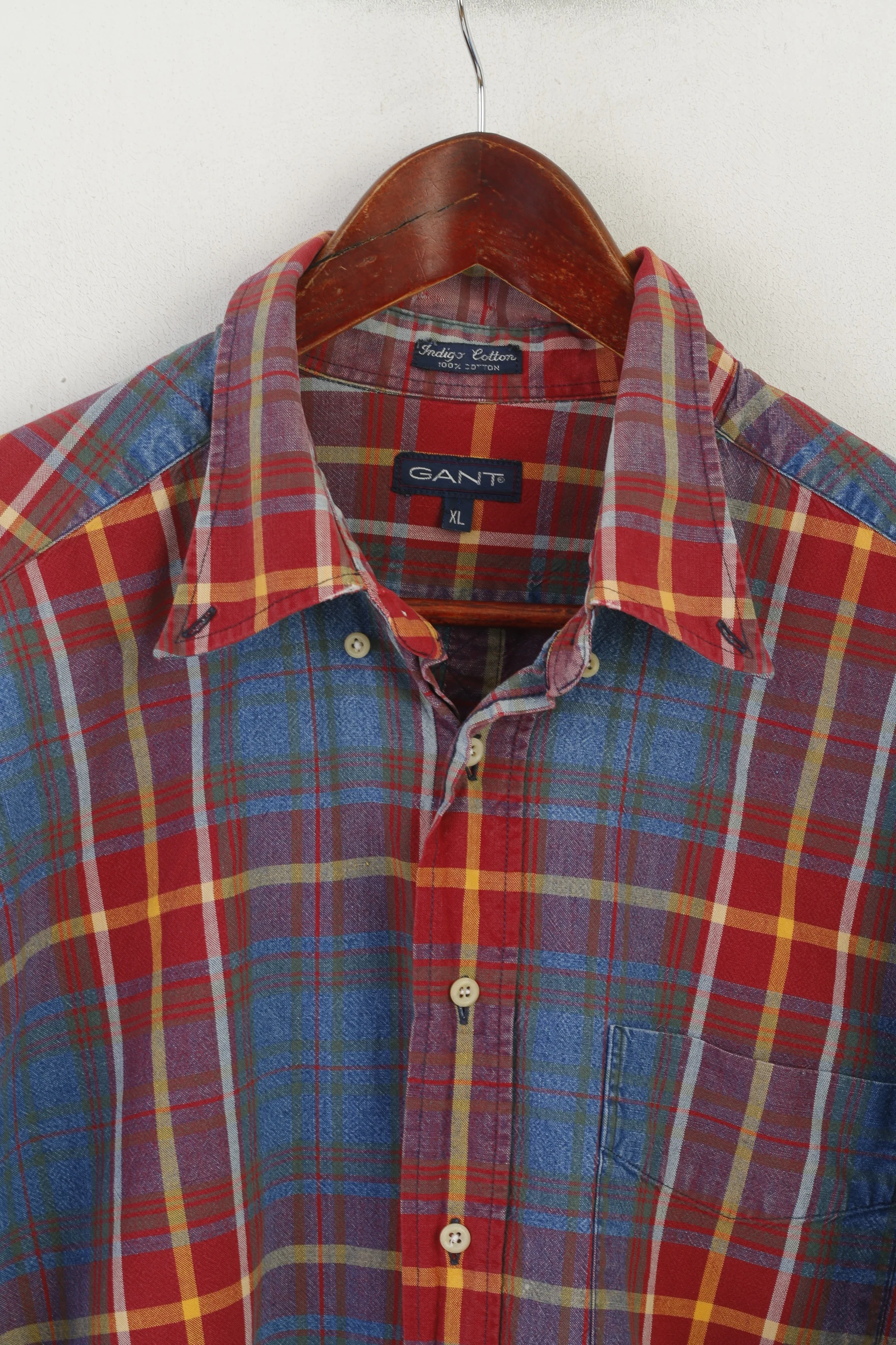 Gant Men XL Casual Shirt Red Faded Check Indigo Cotton Western Vintage Long Sleeve Top - Image 2
