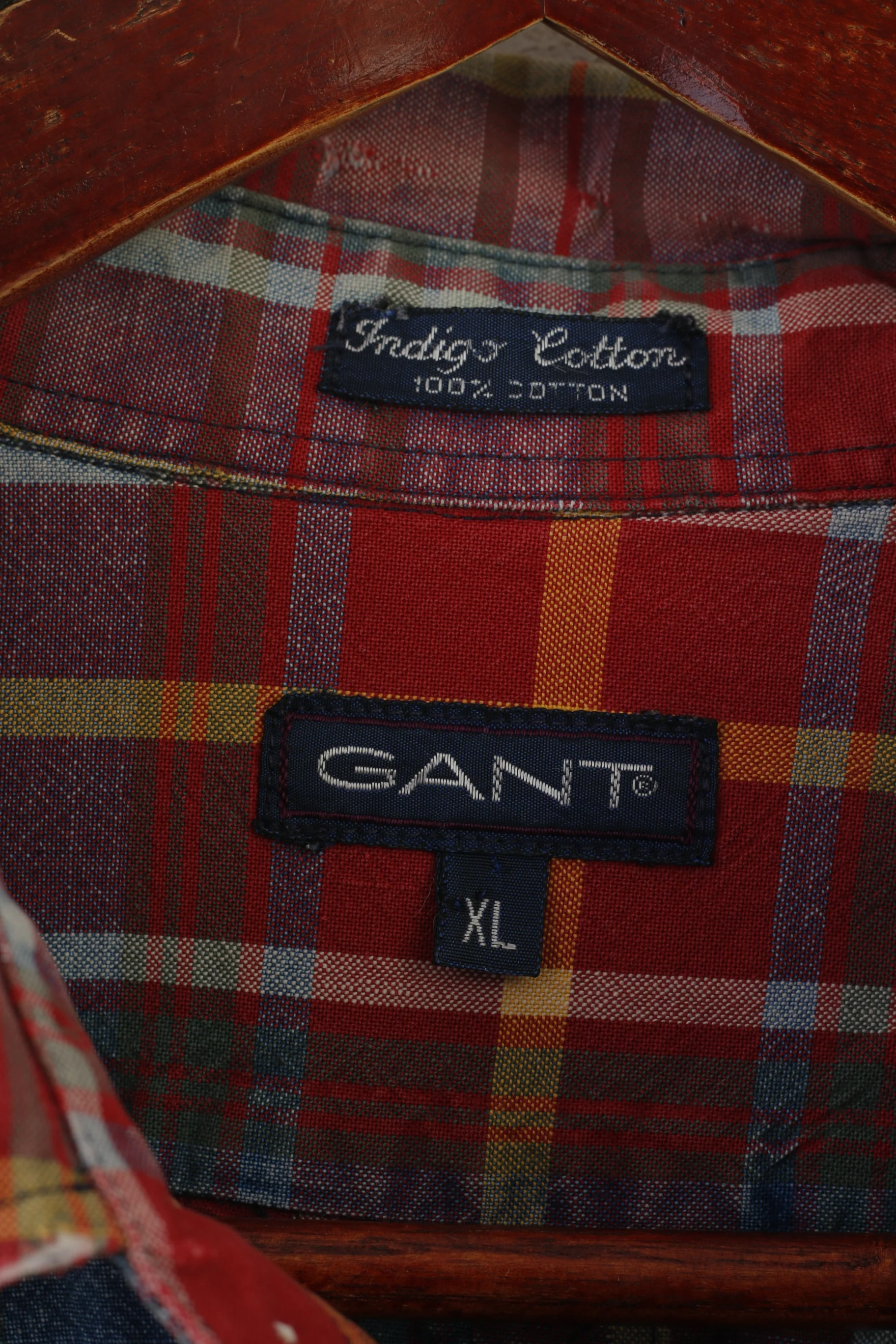 Gant Men XL Casual Shirt Red Faded Check Indigo Cotton Western Vintage Long Sleeve Top - Image 5