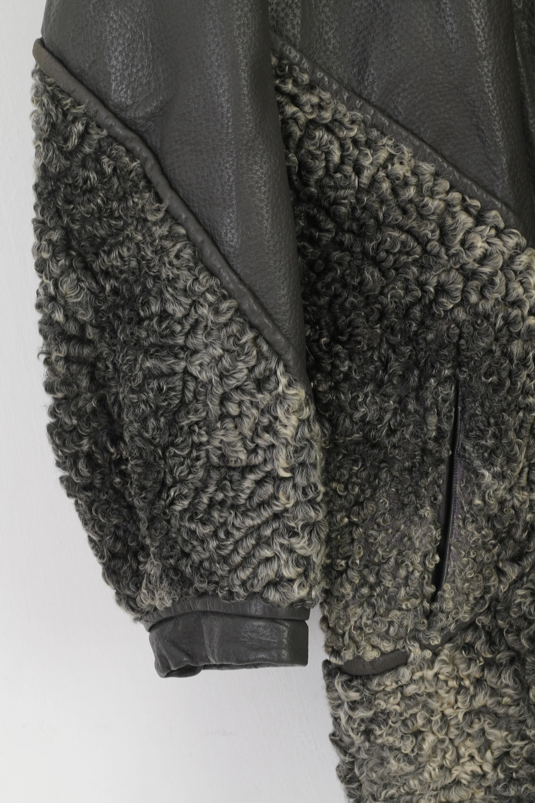 Vintage Women L Jacket Gray Leather Fur Puff Sleeve Bomber Boho Classic Top - Image 3