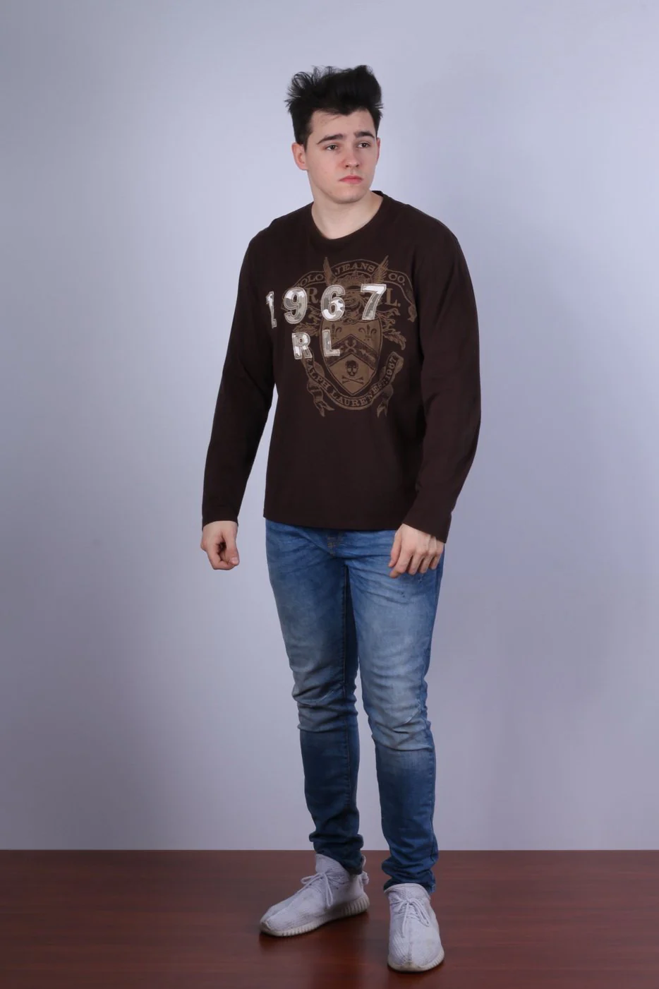 Polo Jeans Ralph Lauren Men XL Shirt Brown Crew Neck Long Sleeve Cotton Graphic Top - Image 7