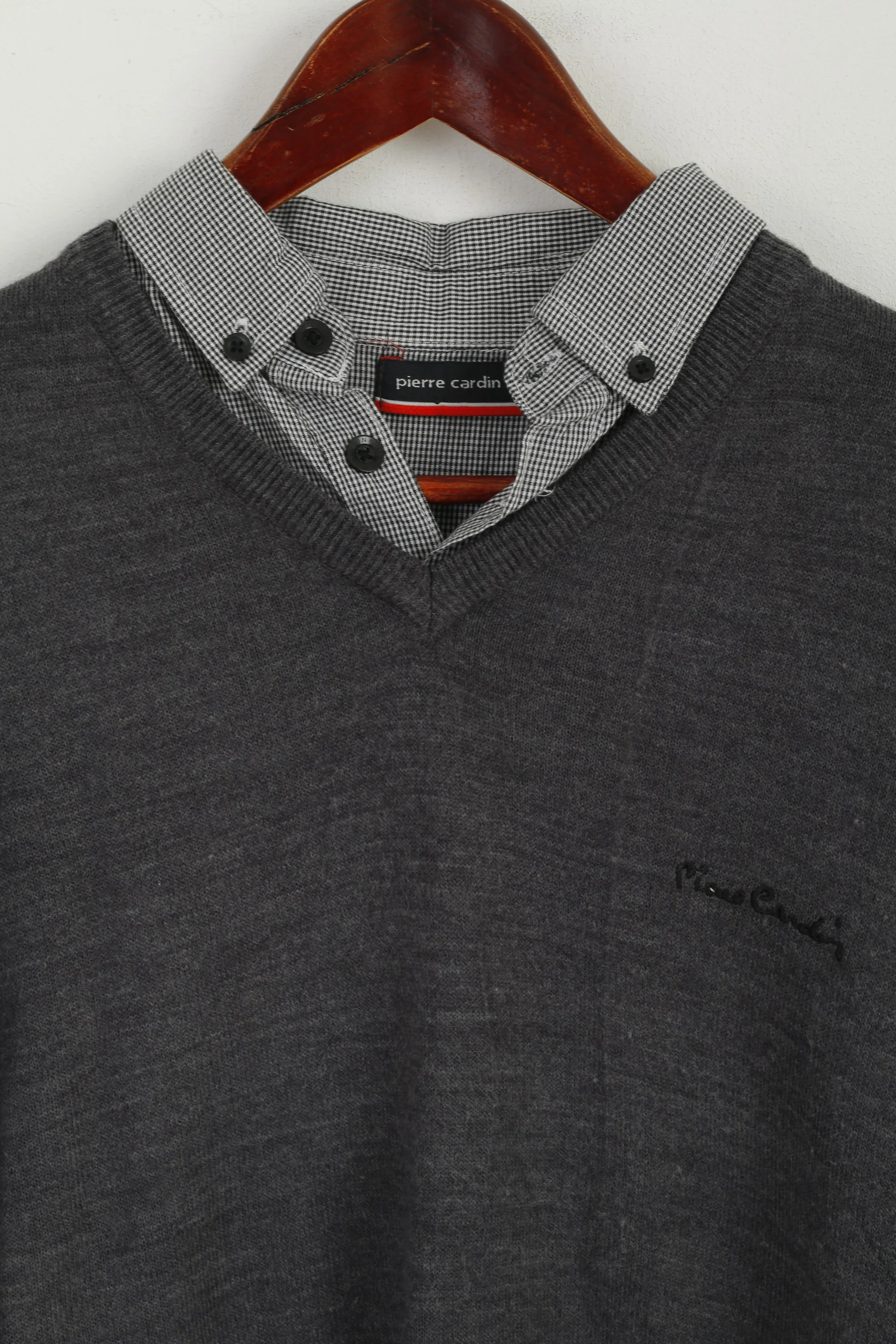 Pierre Cardin Men M Jumper Grey V Neck Collared Elegant Acrylic Light Sweater - Image 2
