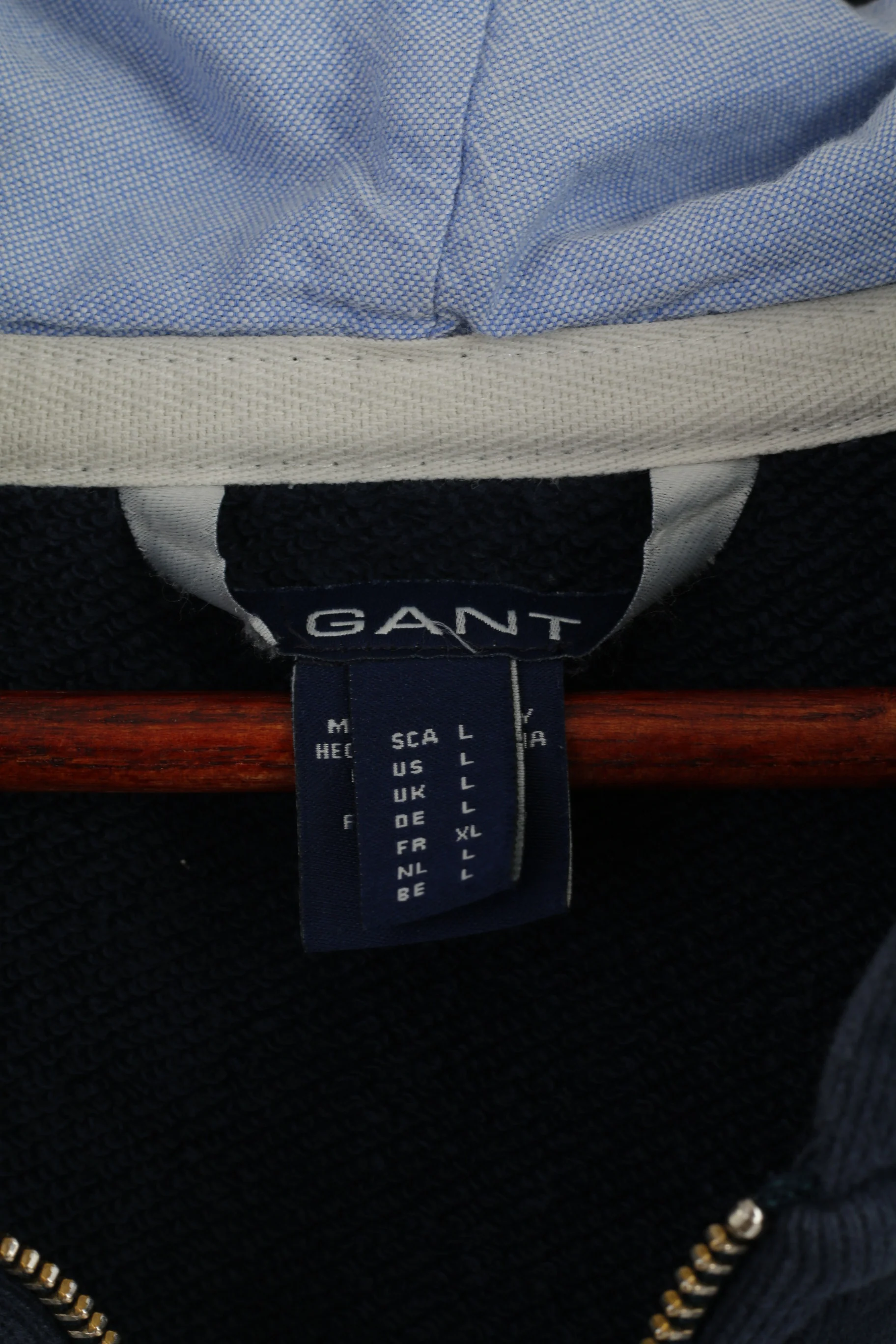 GANT Women L Sweatshirt Navy Cotton Hooded Full Zipper Embroidered Top - Image 4