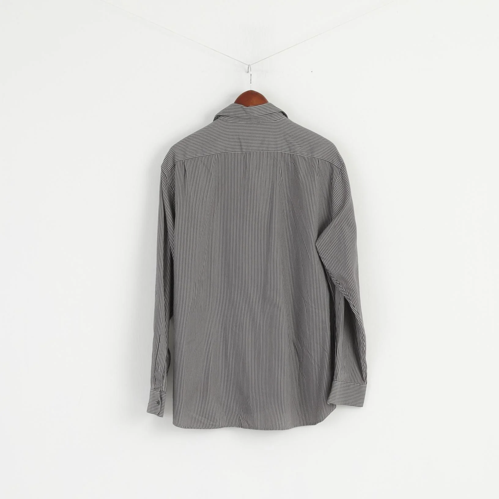 Michael Kors Men XL Casual Shirt Grey Cotton Striped Long Sleeve Detailed Buttons Top - Image 7