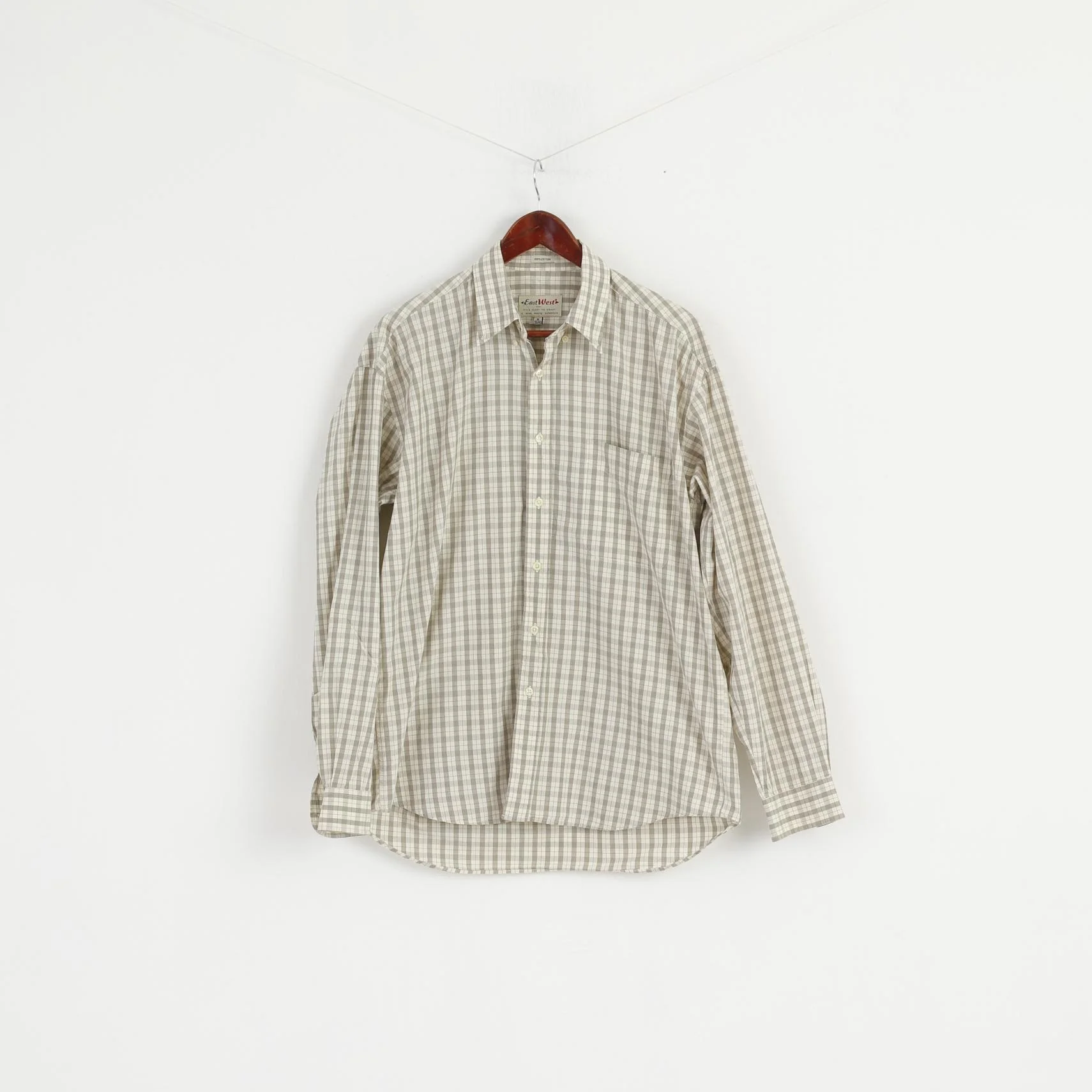 East West Men M Casual Shirt Beige Check Cotton Western Long Sleeve Top