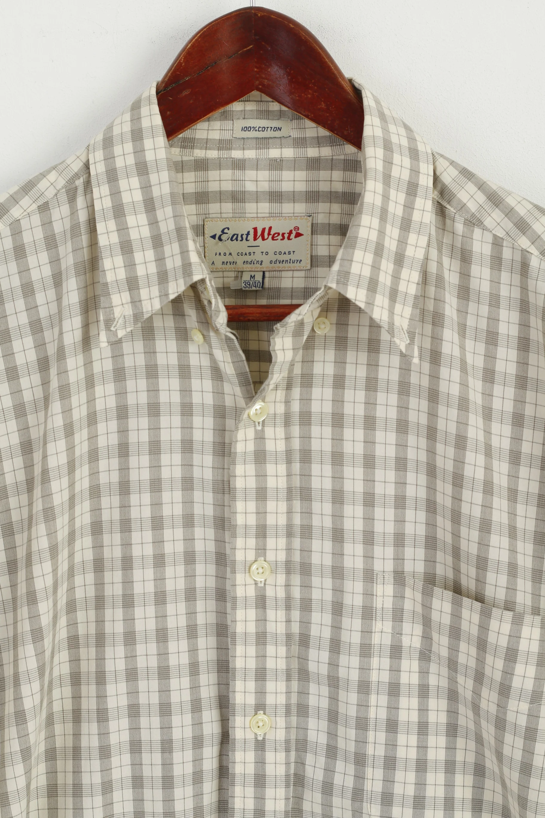 East West Men M Casual Shirt Beige Check Cotton Western Long Sleeve Top - Image 2