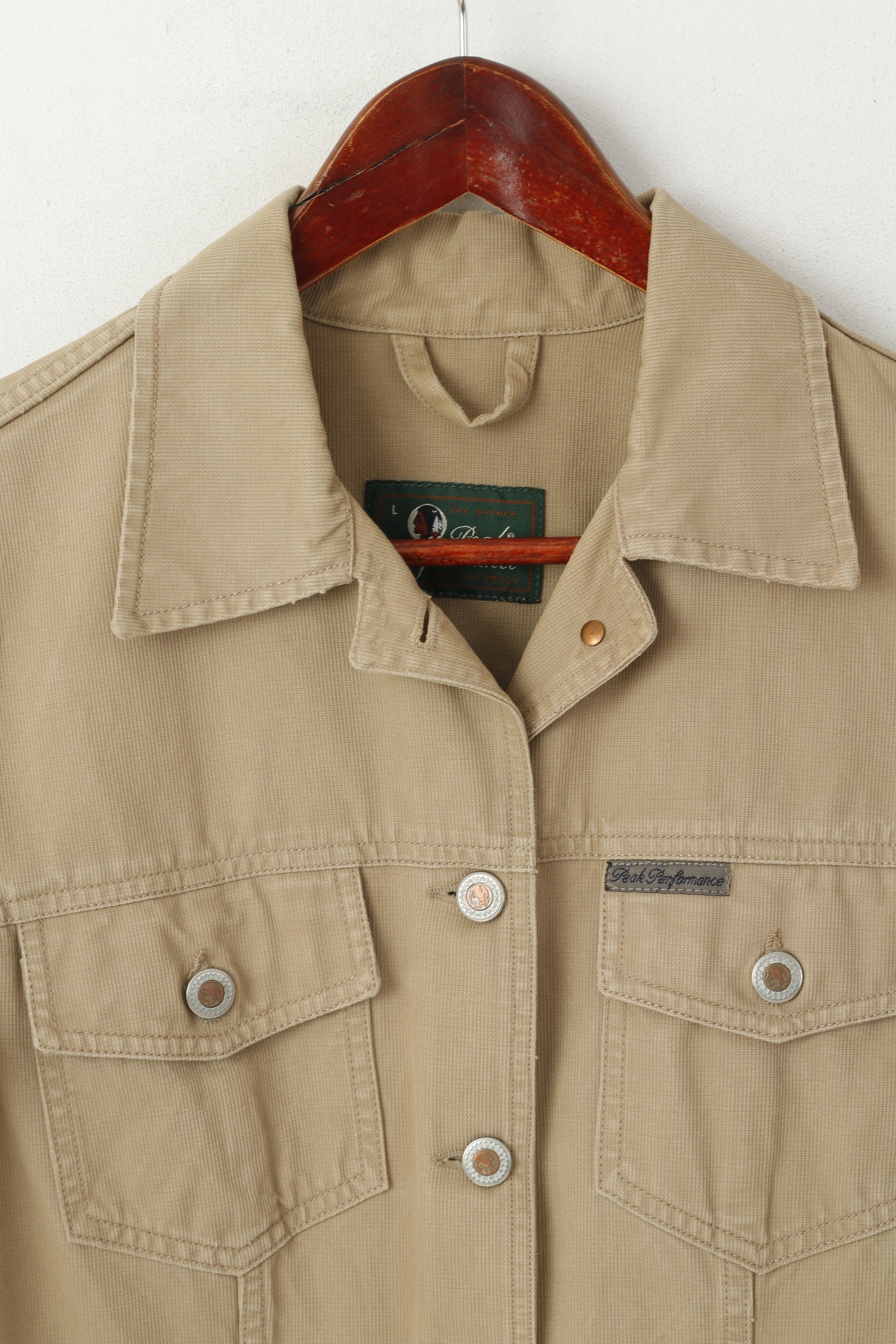 Peak Performance Women L Jacket Beige Denim Cotton Buttoned Classic Top - Image 2