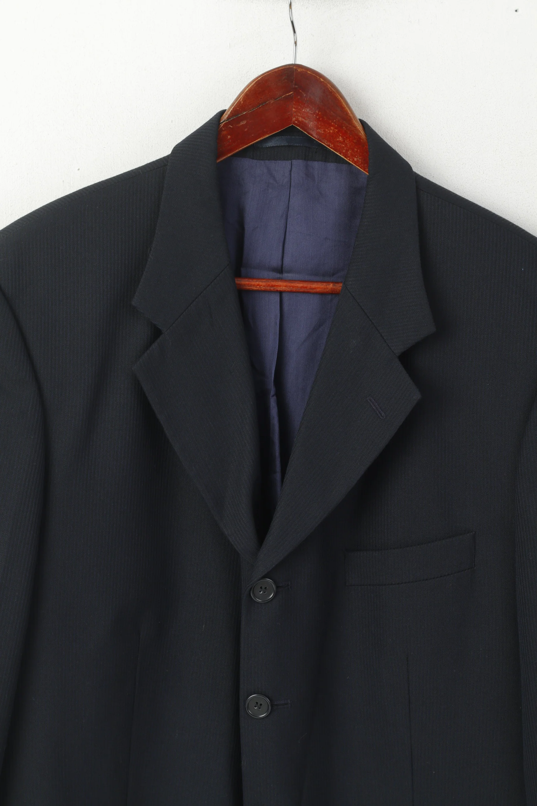 Charlton Gray Men 42 Short Blazer Navy Striped Wool Single Beatsed Jacket - Image 2