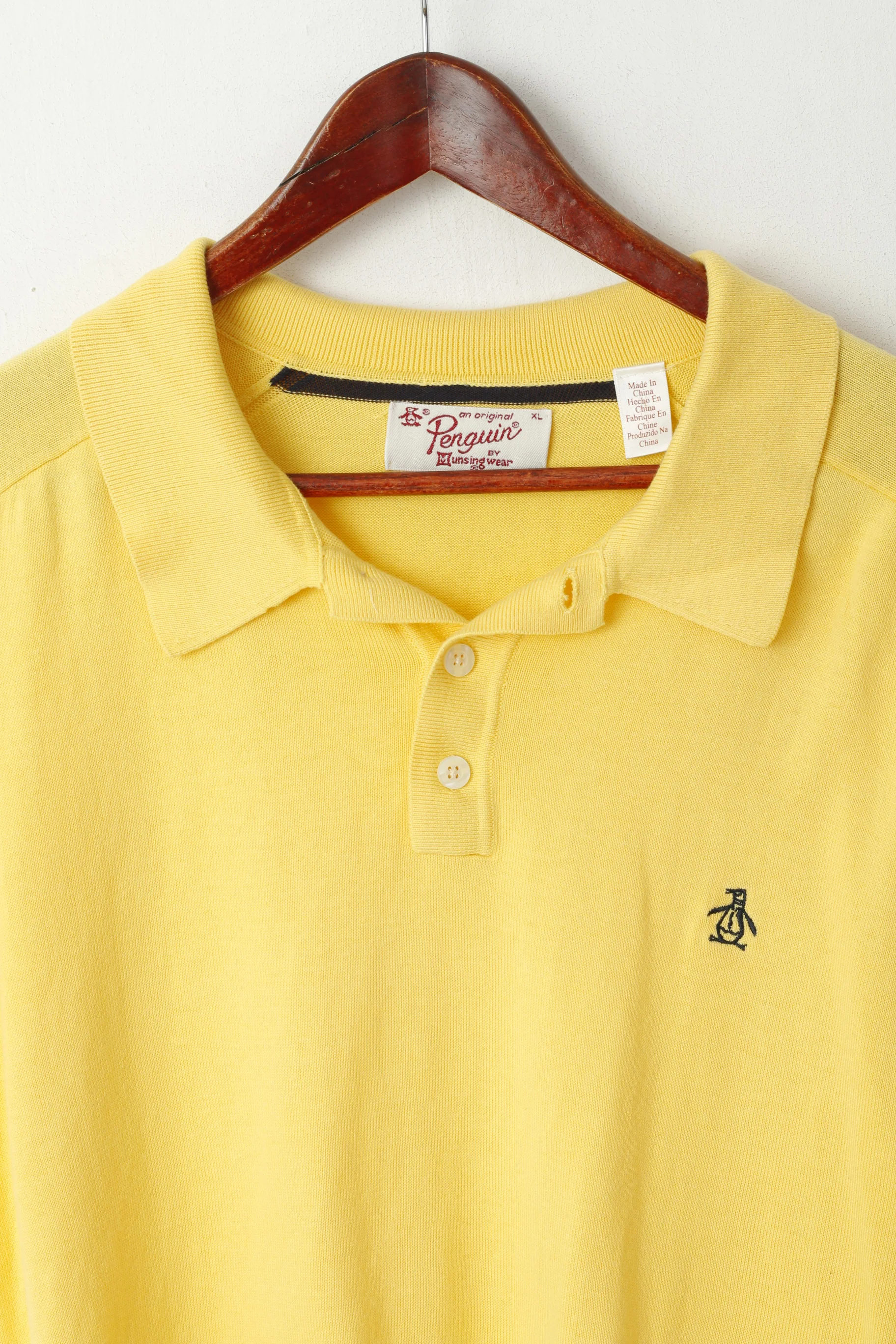 Penguin Men XL Polo Shirt Yellow Jumper Cotton Button Neck Stretch Top - Image 2