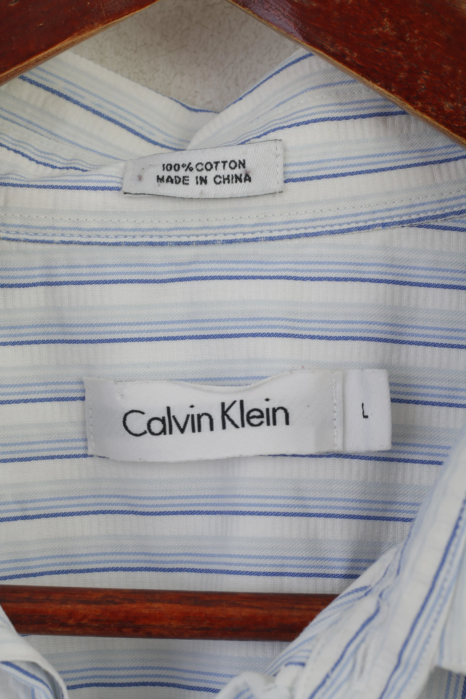 Calvin Klein Men L Casual Shirt White Blue Striped Cotton Long Sleeve Top - Image 4