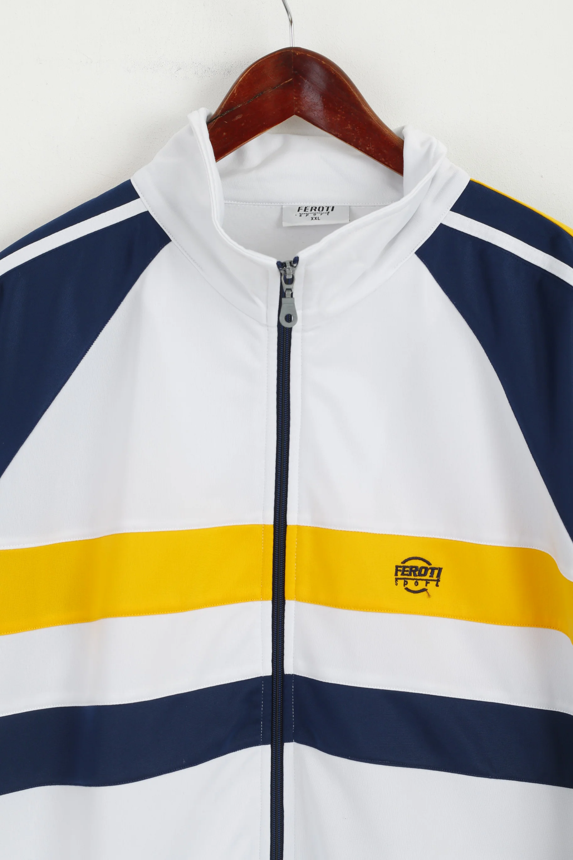 Feroti Sport Men XXL Sweatshirt White Navy Shiny Full Zipper Oldschool Retro Top - Image 2
