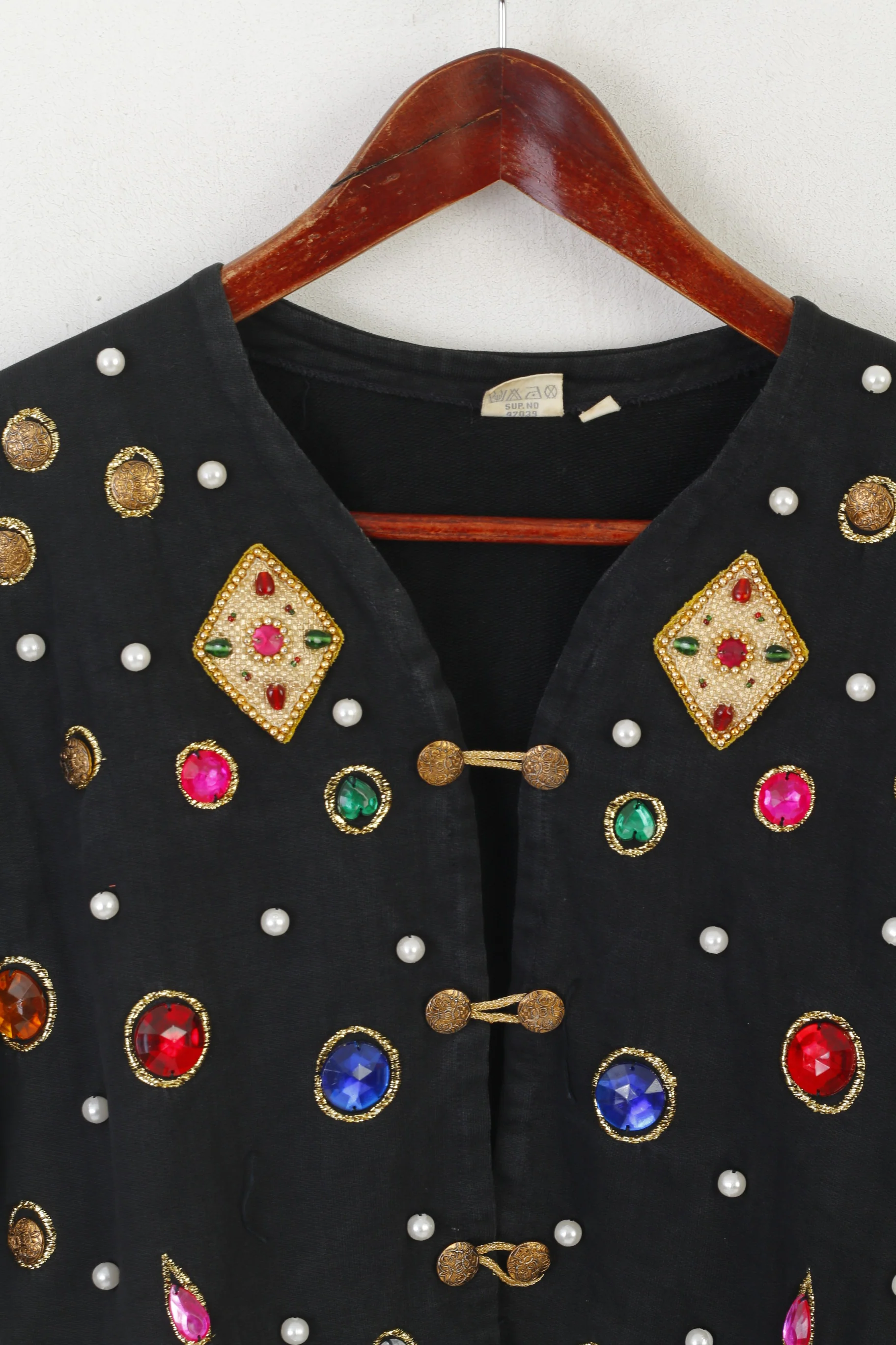 Vintage Women 38 M Blazer Black Cotton Gems Pearls Vintage Shoulder Pads Top - Image 2