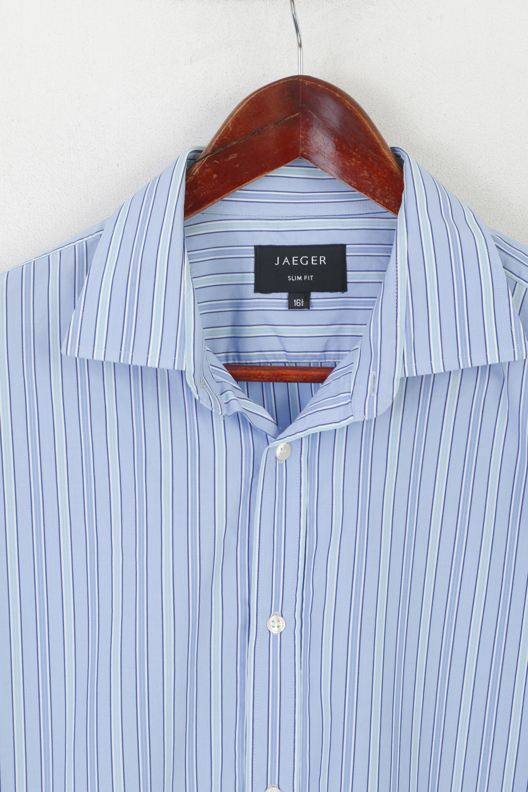 Jaeger Men 16.5 L Casual Shirt Blue Striped Cotton Slim Fit Long Sleeve Cuff Top - Image 2