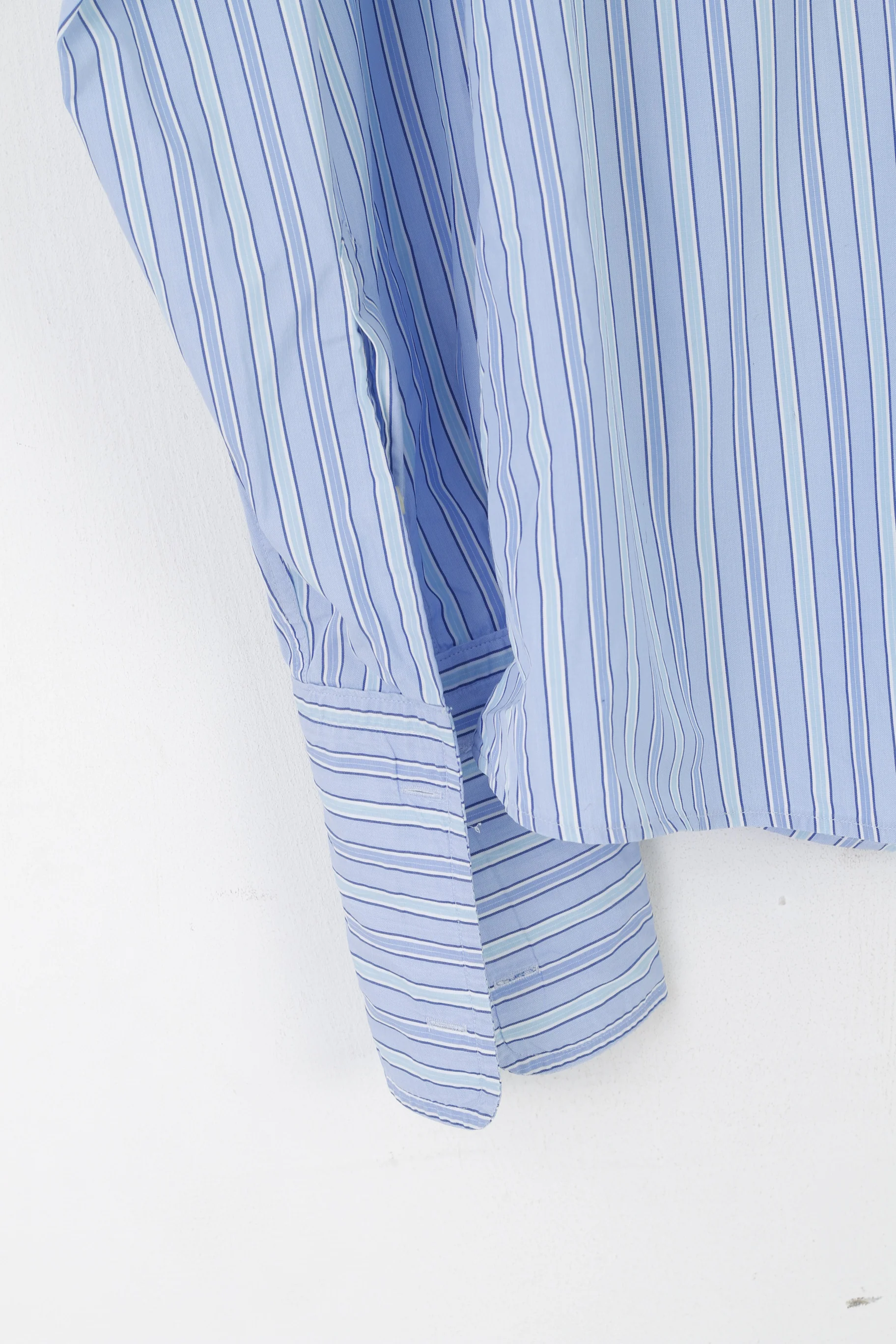 Jaeger Men 16.5 L Casual Shirt Blue Striped Cotton Slim Fit Long Sleeve Cuff Top - Image 3