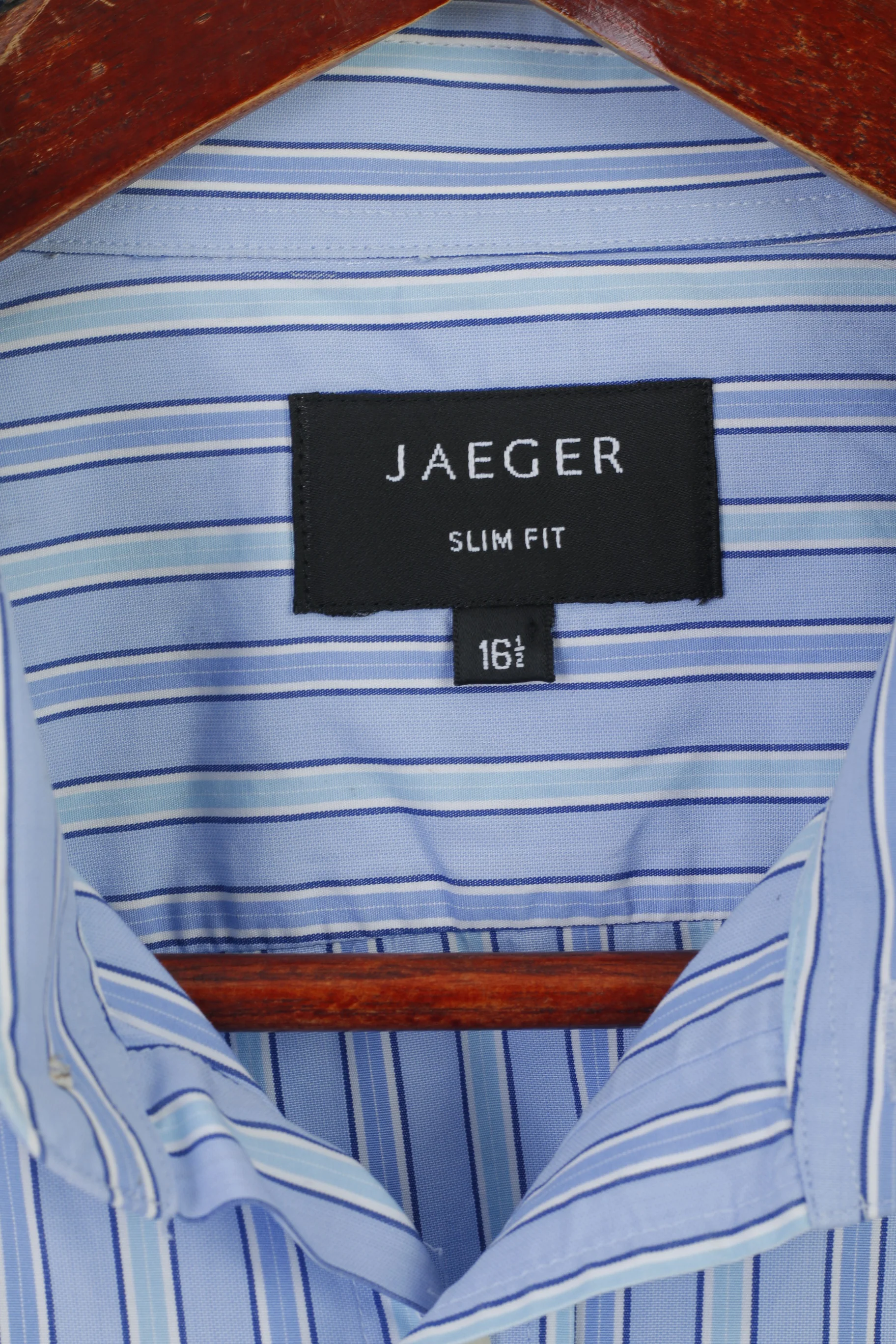 Jaeger Men 16.5 L Casual Shirt Blue Striped Cotton Slim Fit Long Sleeve Cuff Top - Image 4