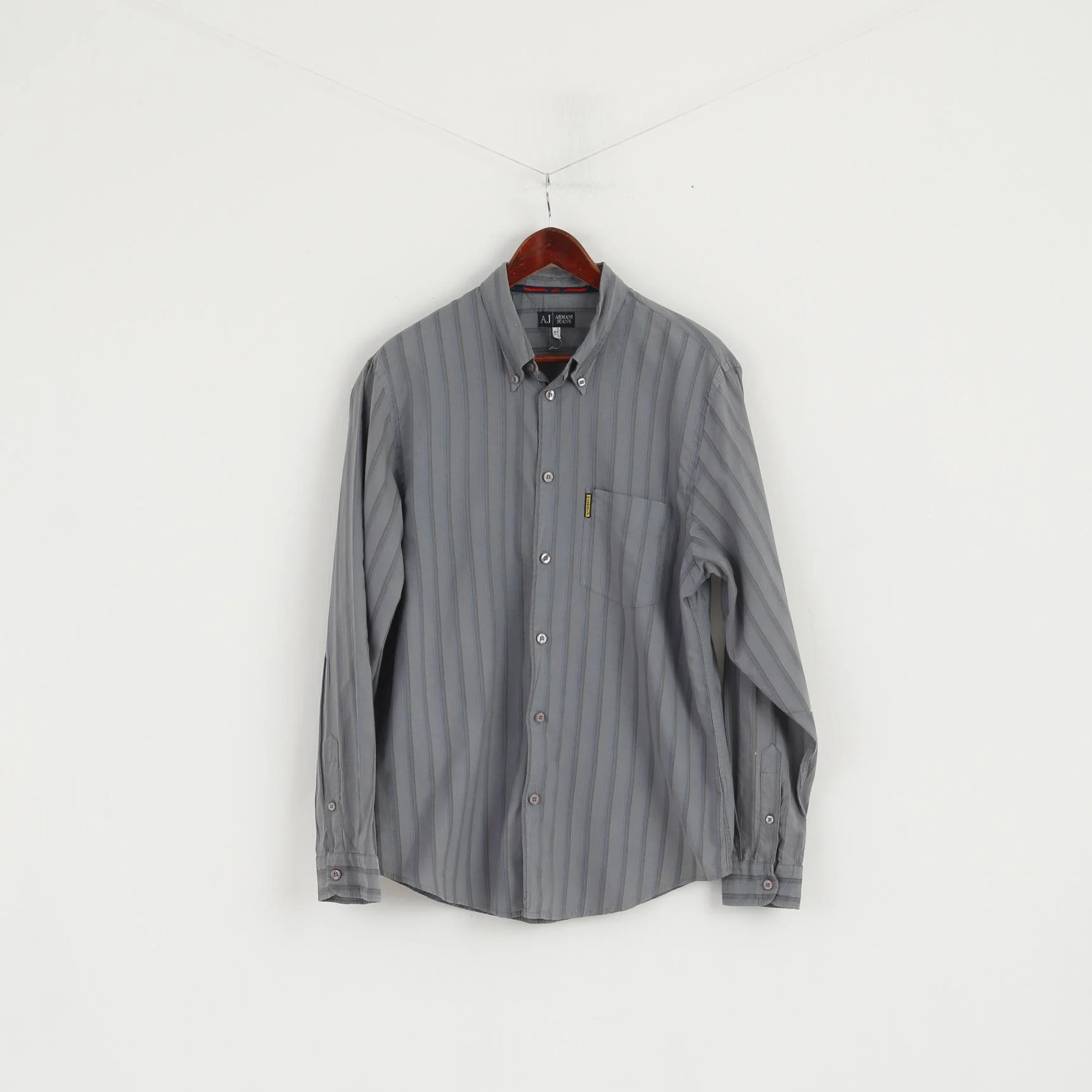Armani Jeans Men XL (L) Casual Shirt Grey Blue Striped Cotton Long Sleeve Top
