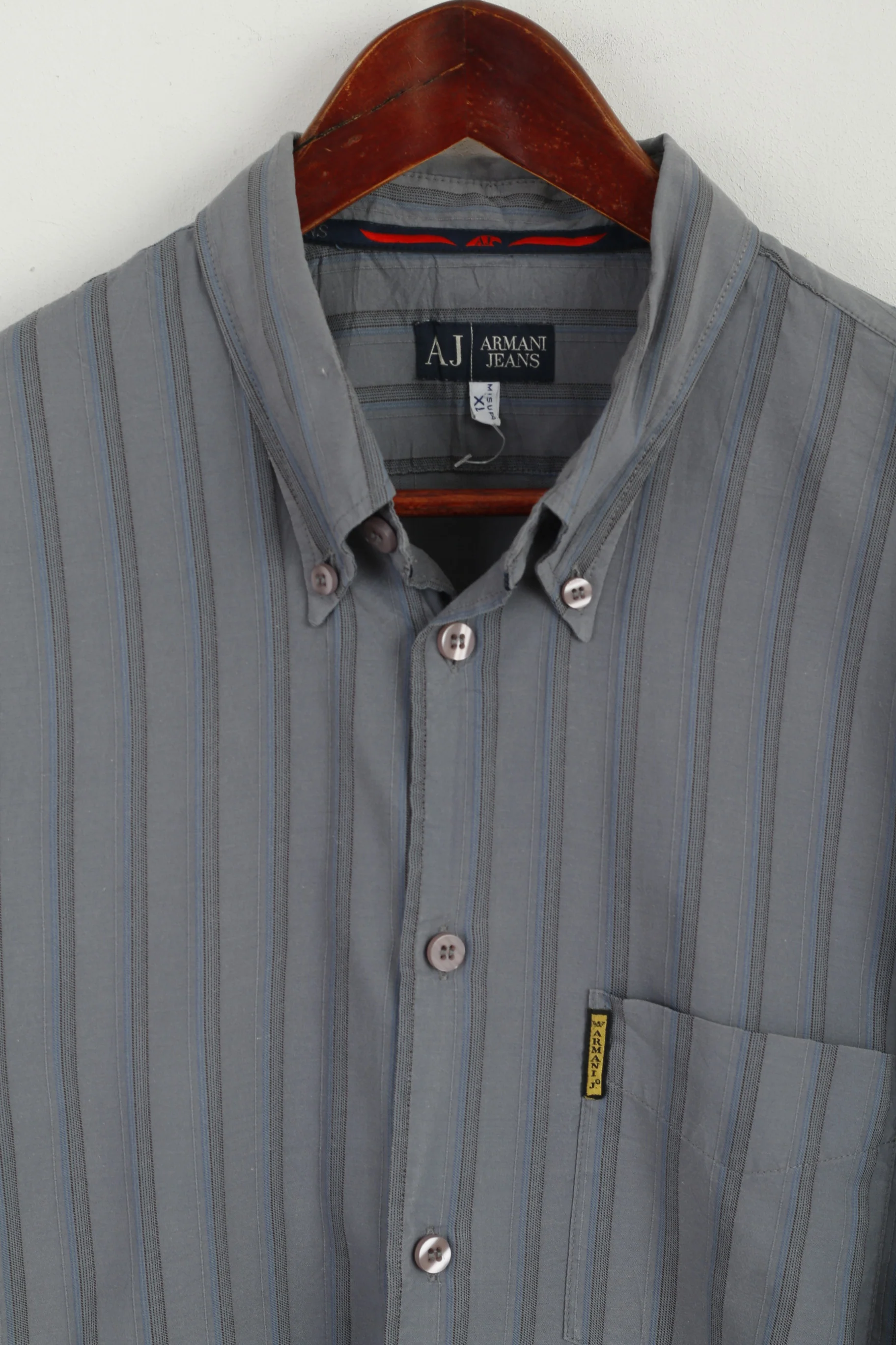 Armani Jeans Men XL (L) Casual Shirt Grey Blue Striped Cotton Long Sleeve Top - Image 2