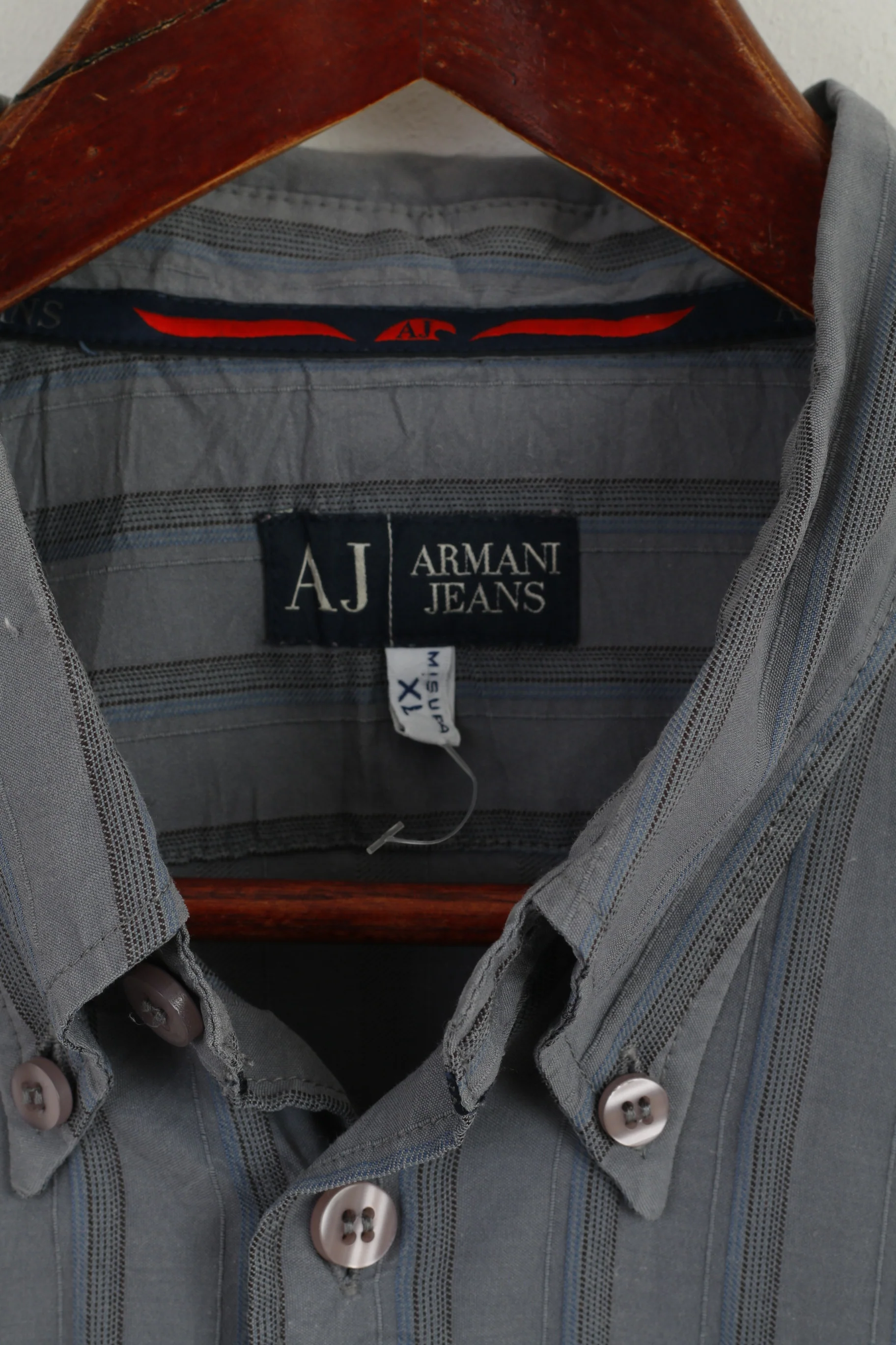 Armani Jeans Men XL (L) Casual Shirt Grey Blue Striped Cotton Long Sleeve Top - Image 4