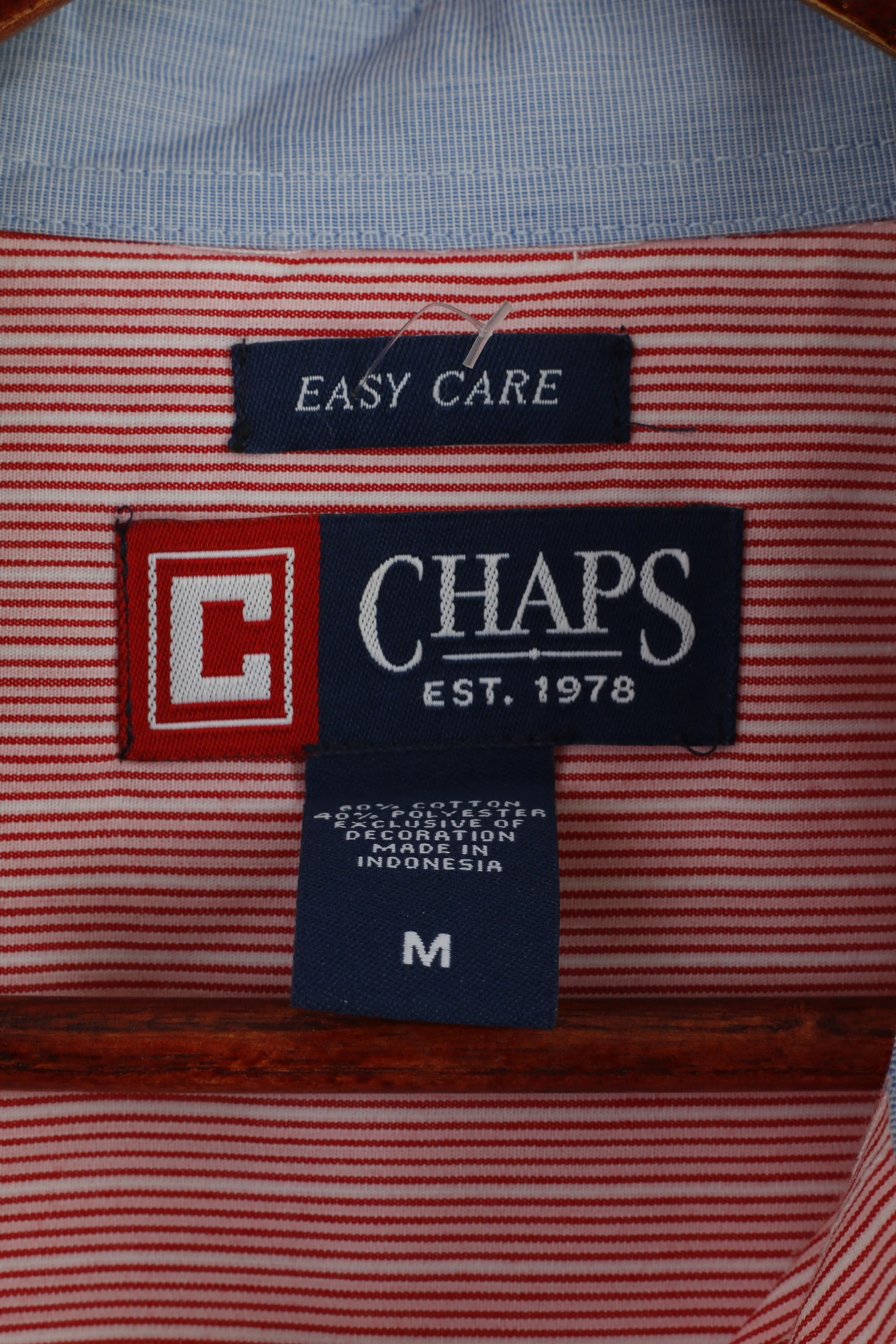 CHAPS Men M Casual Shirt Red Striped Cotton Long Sleeve Easy Care Pocket Classic Top - Image 4