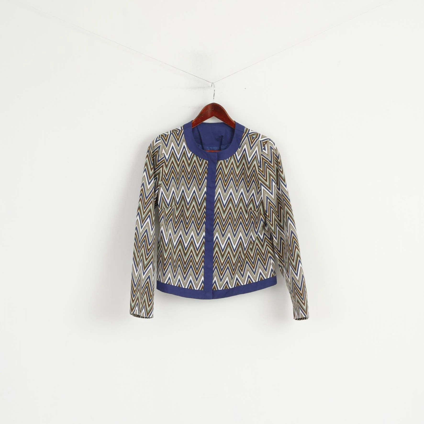 Vintage Womens 12 38 Jacket Blue Aztec Print Cotton Snaps Casual Blazer Top