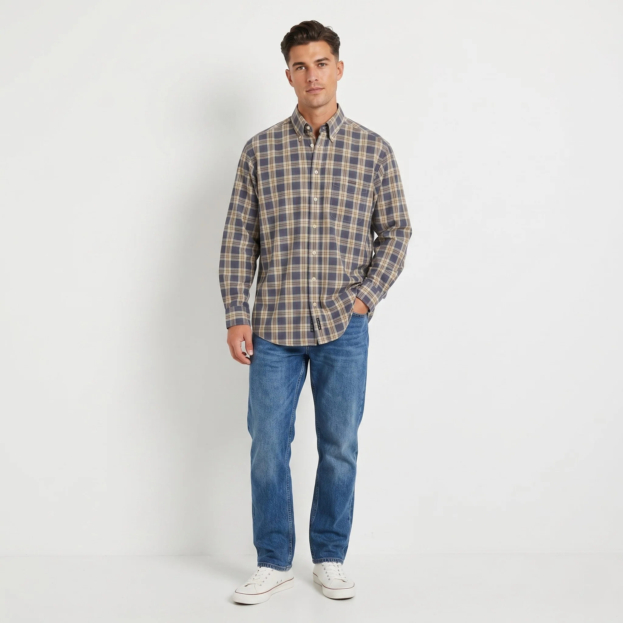 Gant Men M Casual Shirt Blue Check Sport Fit Adirondack Poplin Cotton Long Sleeve Top