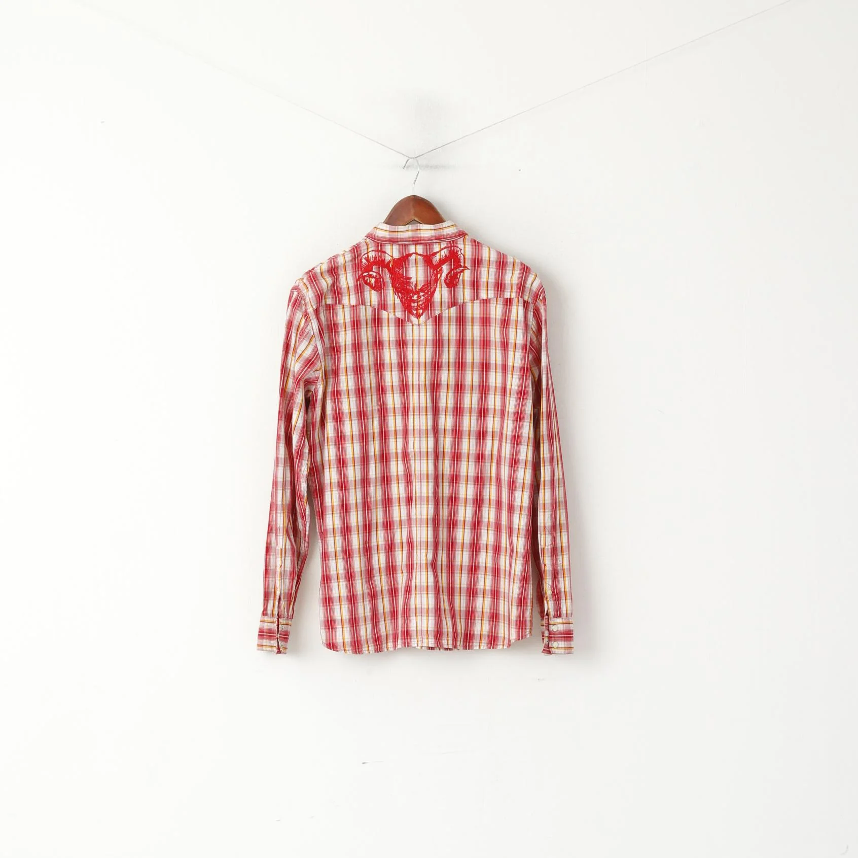 Lee Men XL Casual Shirt Red Cotton Check Popper Buttons Long Sleeve Bull Top - Image 8