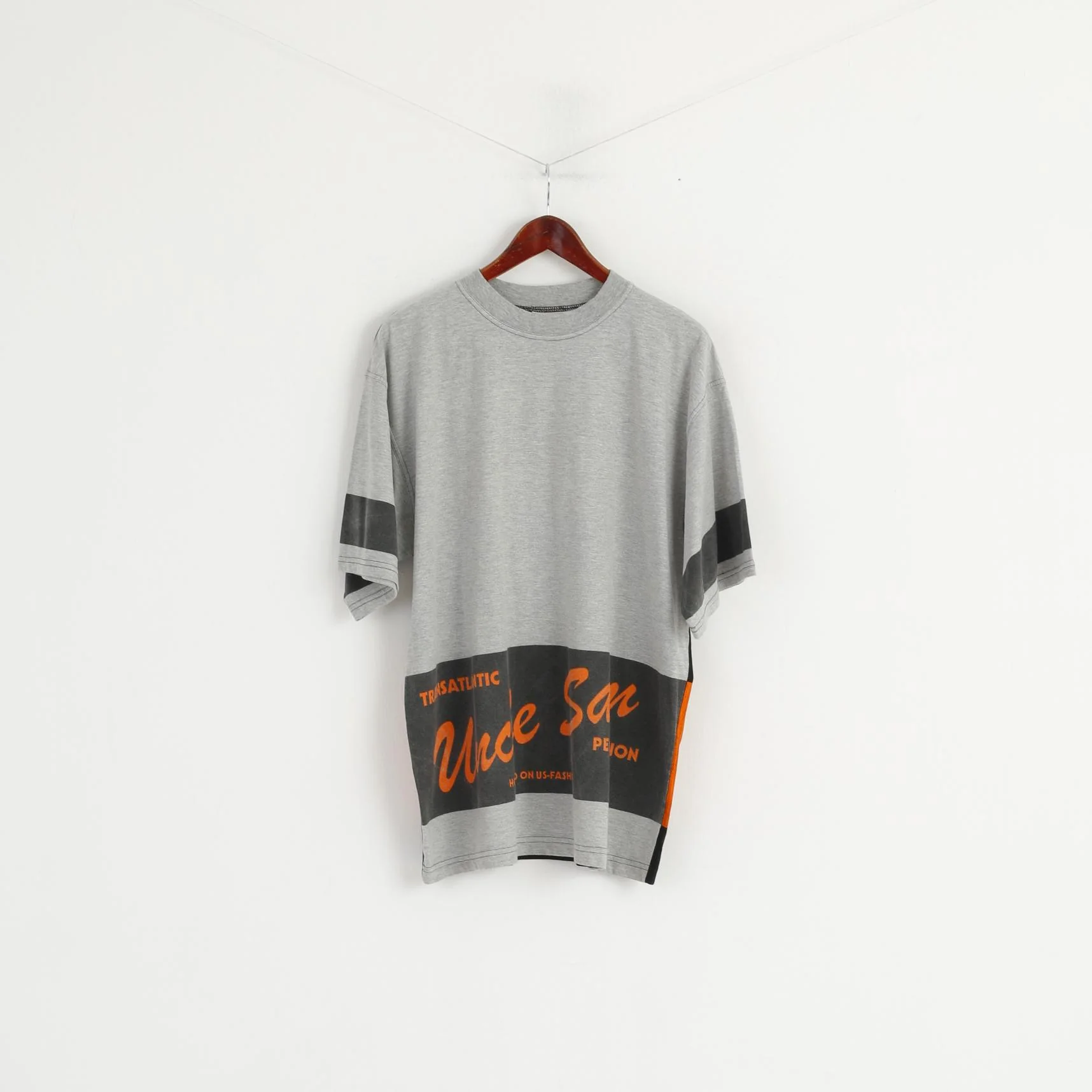 Uncle Sam Men M (L) Shirt Grey Cotton Sportswear Crew Neck Vintage Top