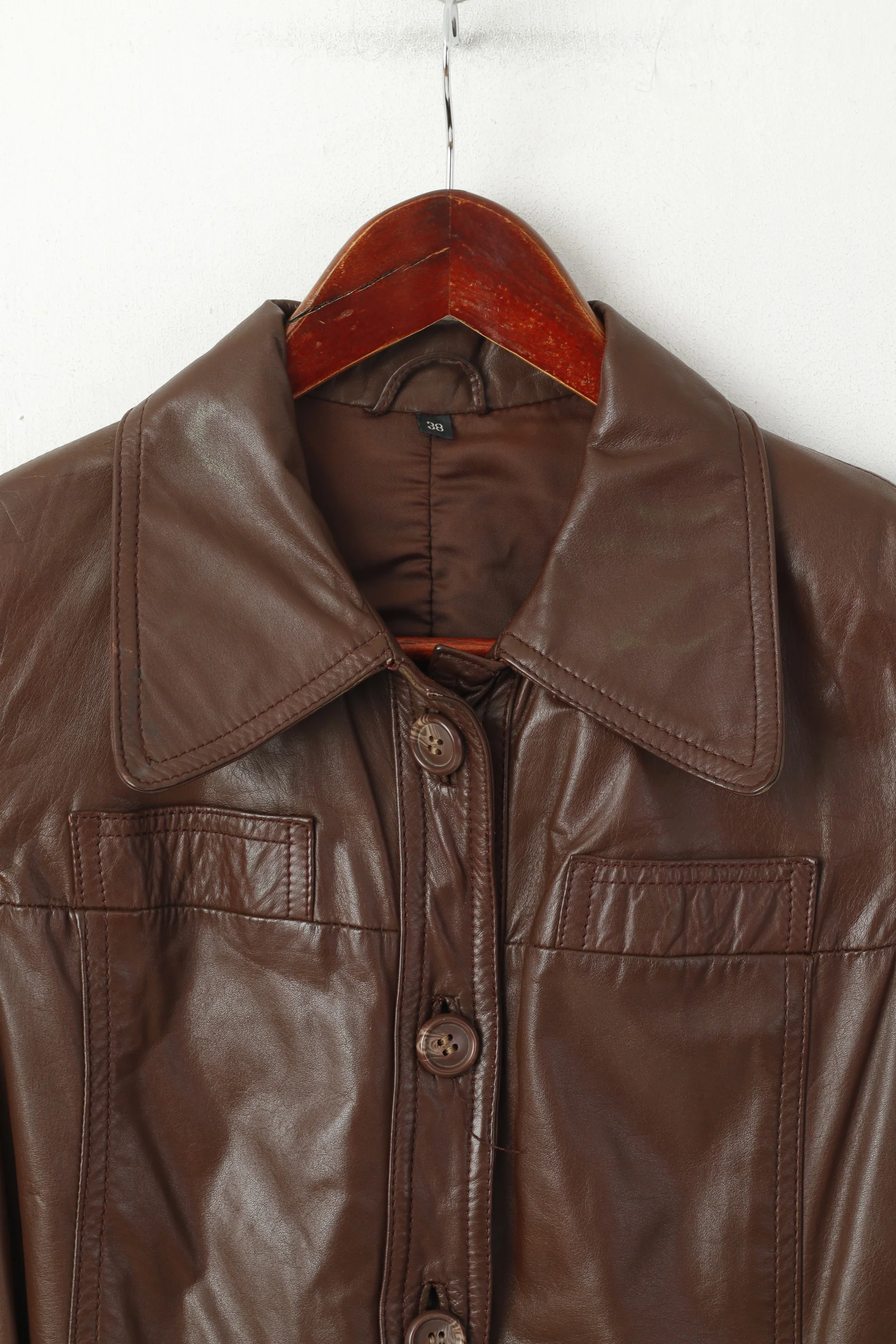 Ericson of Sweden Women 38 S Jacket Brown Leather Shiny Vintage Belted Single Breasted Top - Image 2