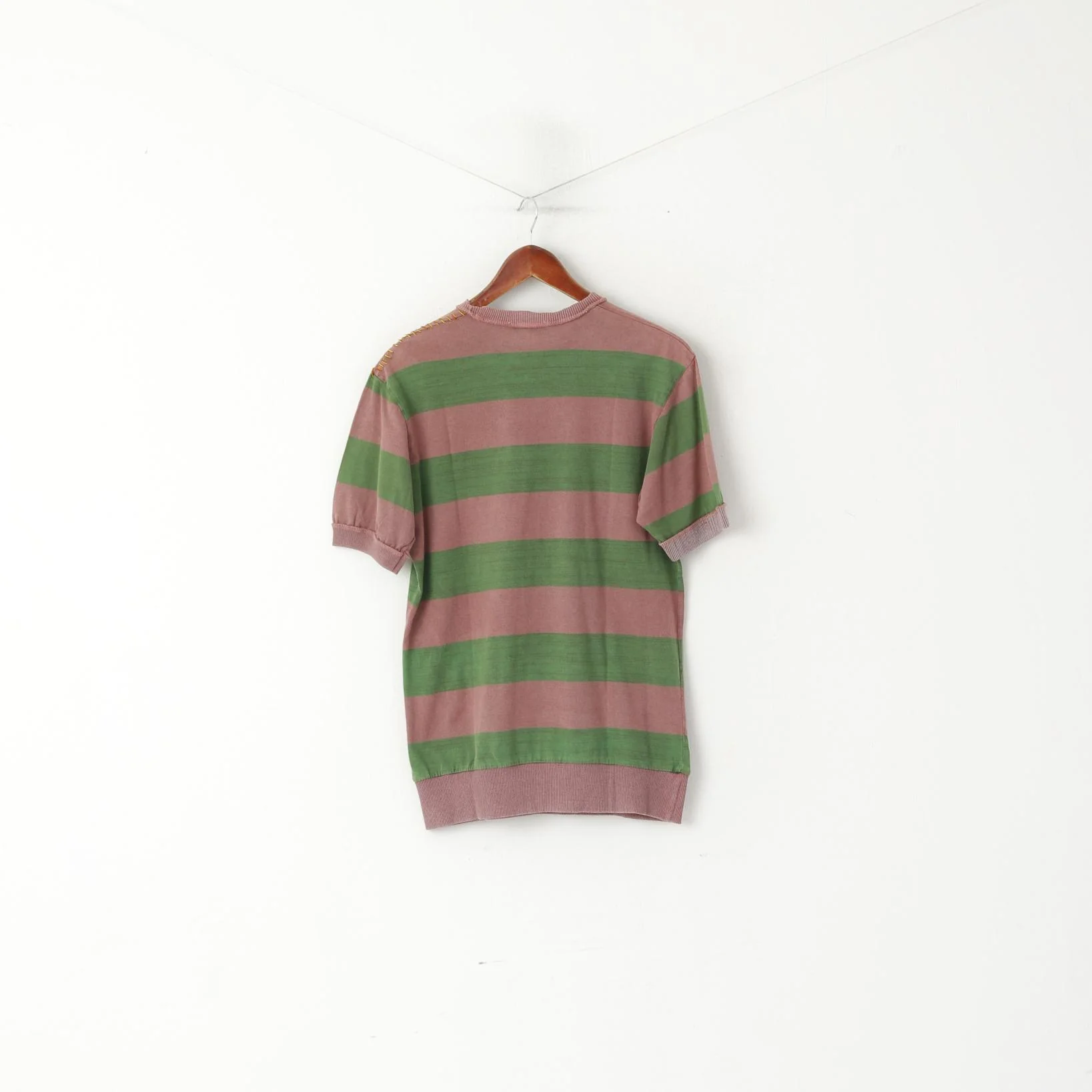 Rule Men L (M) Shirt Green Purple Striped Cotton Vintage Detailed Short Sleeve Top - Image 5