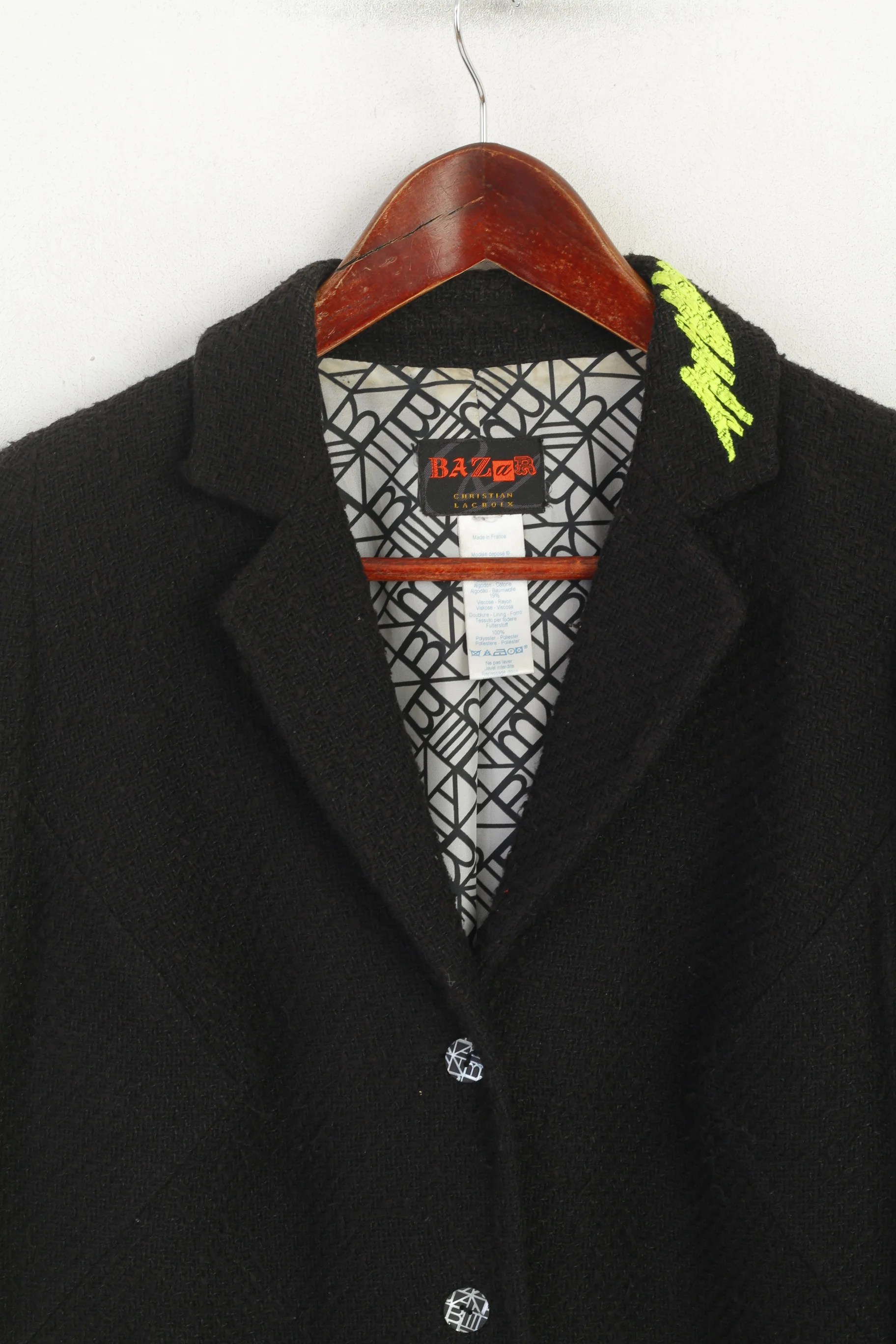 Bazar Christian Lacroix Women M Blazer Black Cotton Shoulder Pads France Jacket - Image 2