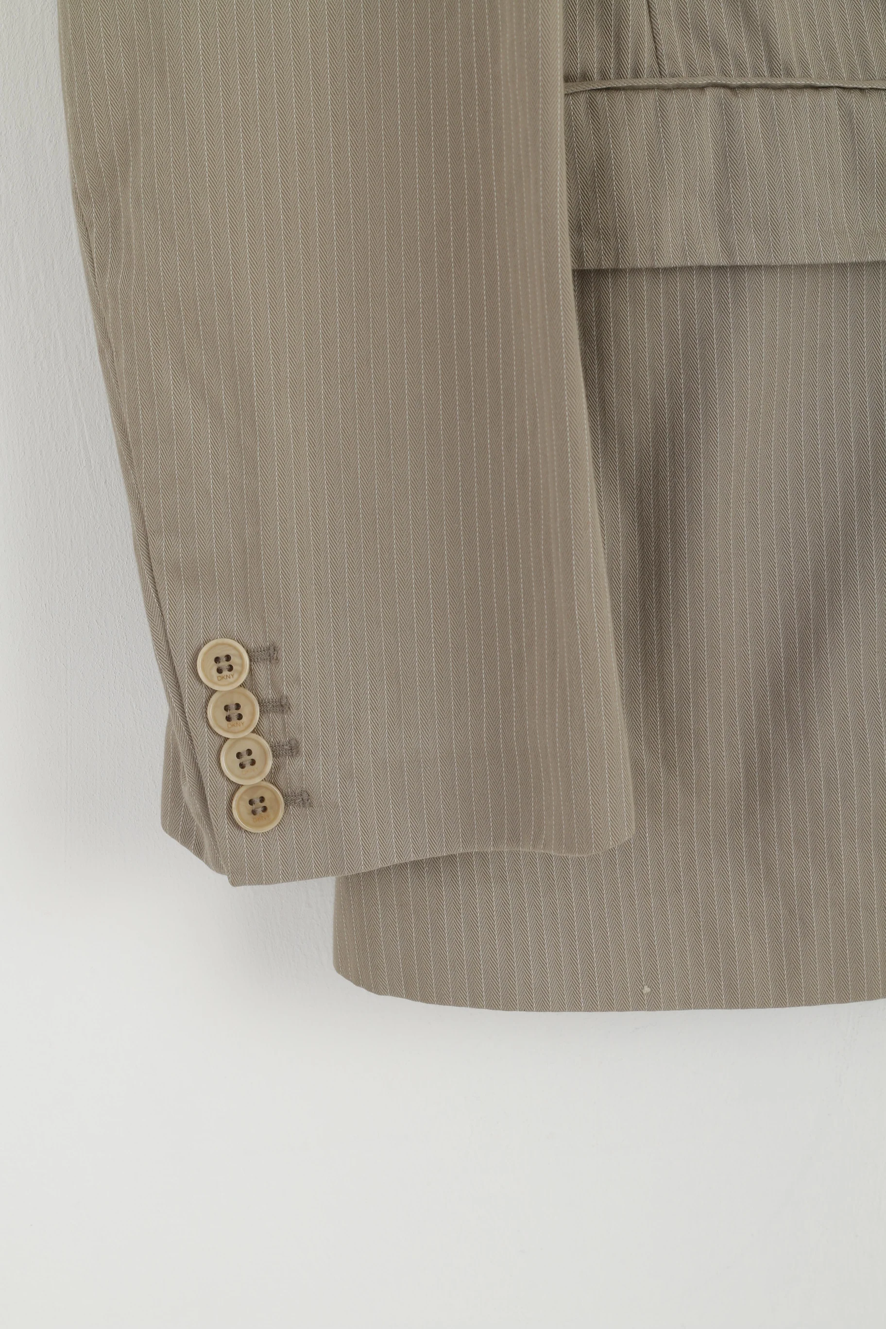 DKNY Men L Blazer Beige Striped Cotton Sport Single Breasted Casual Jacket - Image 3