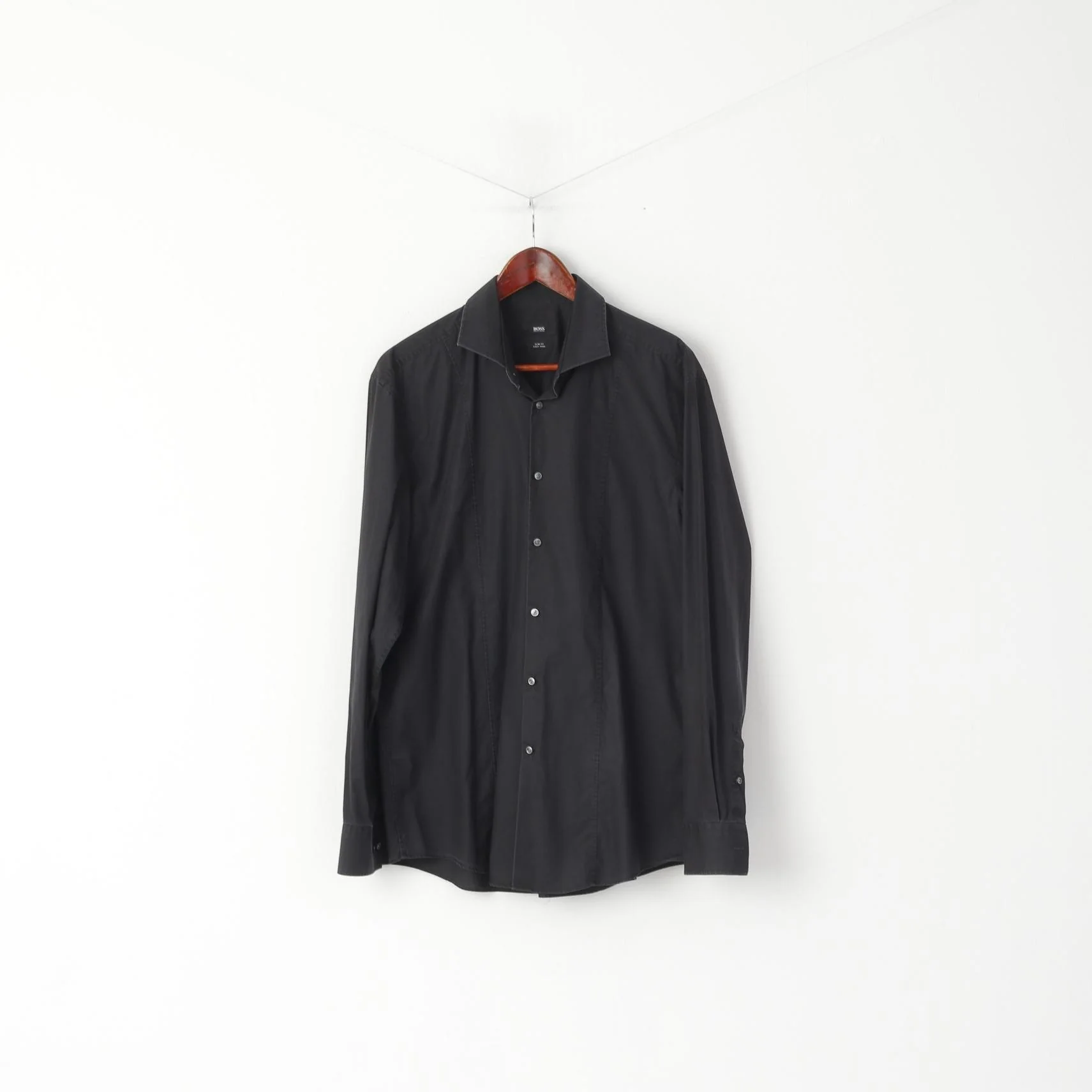 Hugo Boss Men 43 17 M Casual Shirt Black Cotton Slim Fit Long Sleeve Top