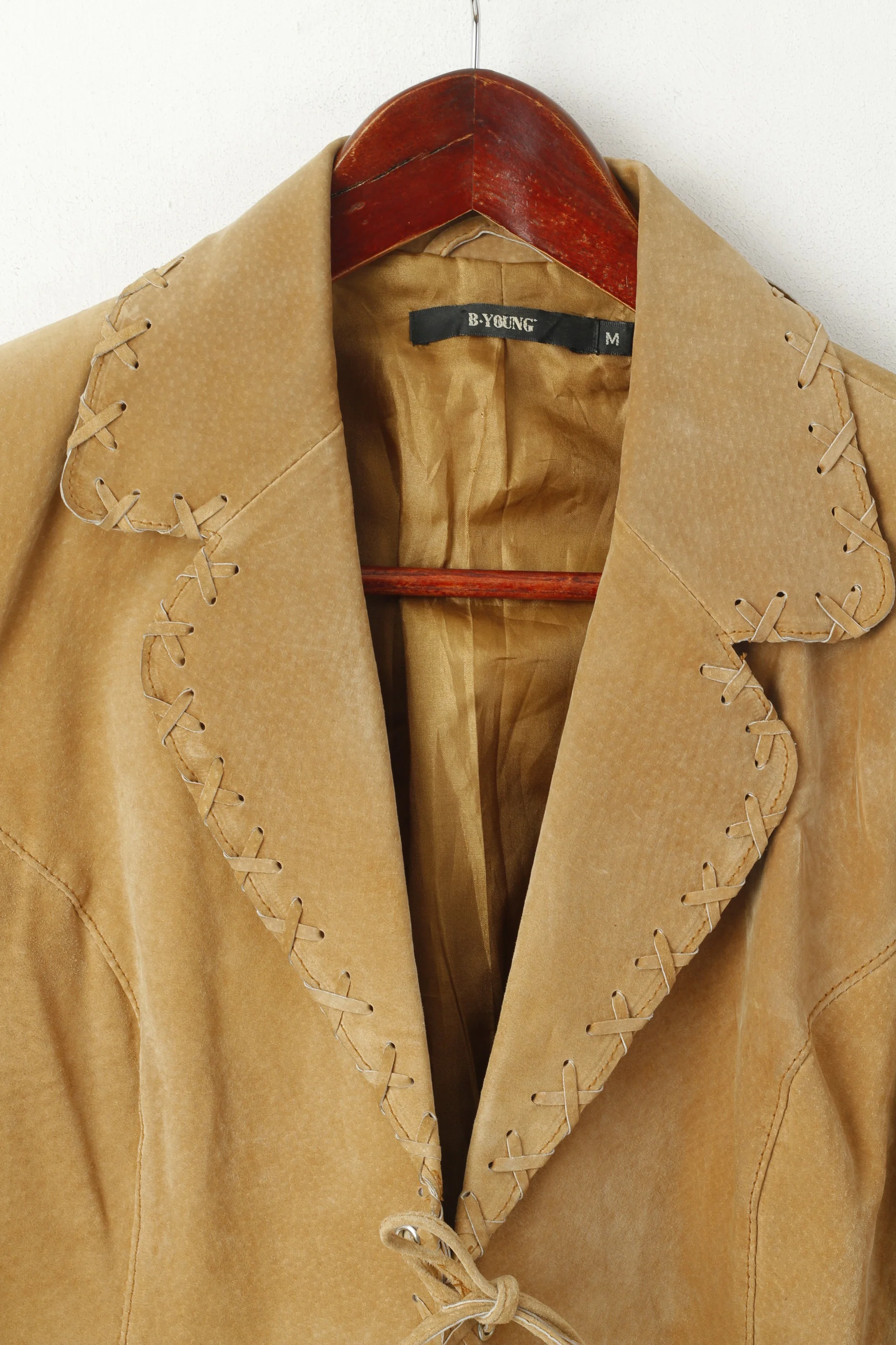 B Young Women M Jacket Beige Leather Western Lace Up Blazer Top - Image 2