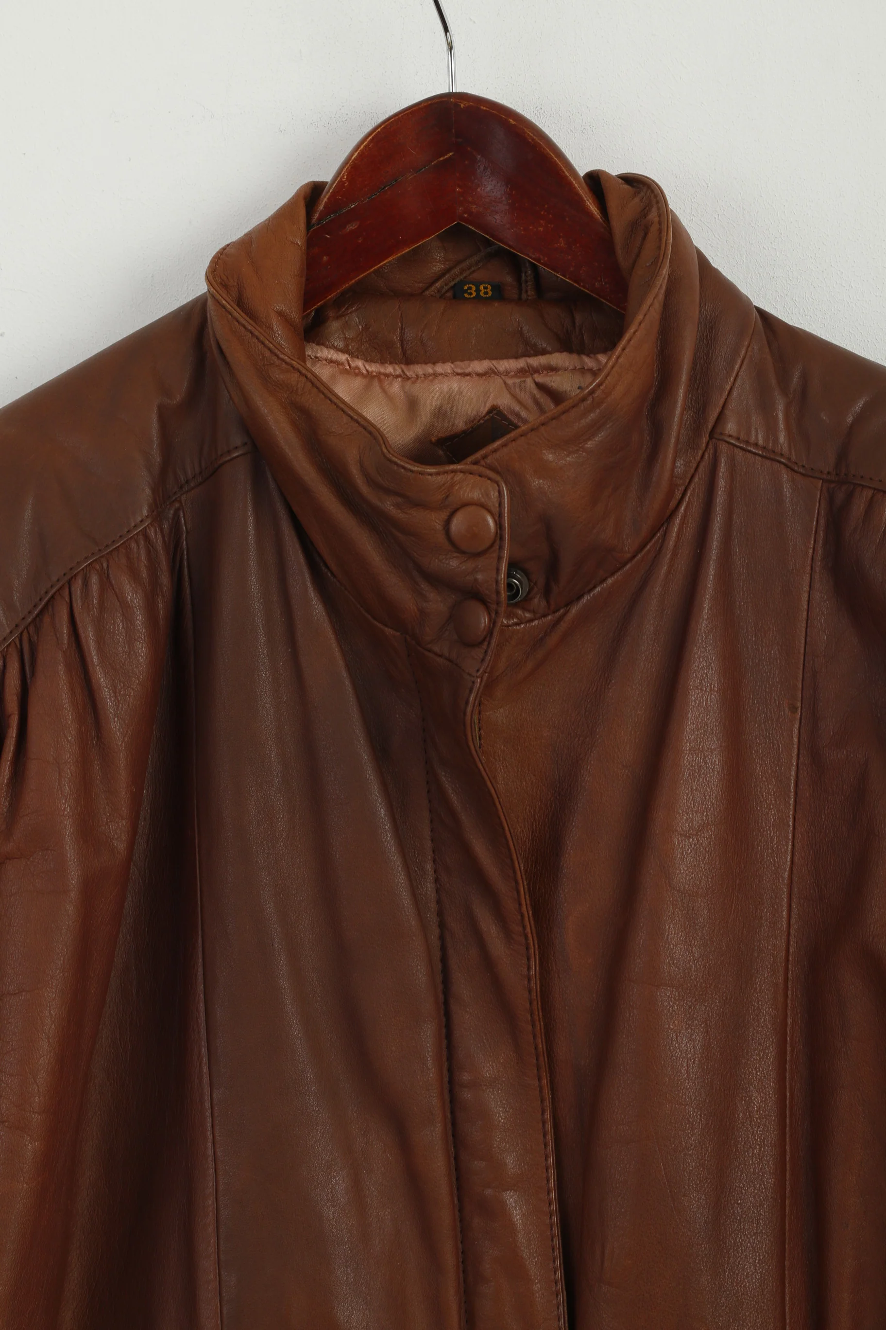 Janbell Women 38 Jacket Brown Leather Vintage Bomber Full Zipper Biker Top - Image 2