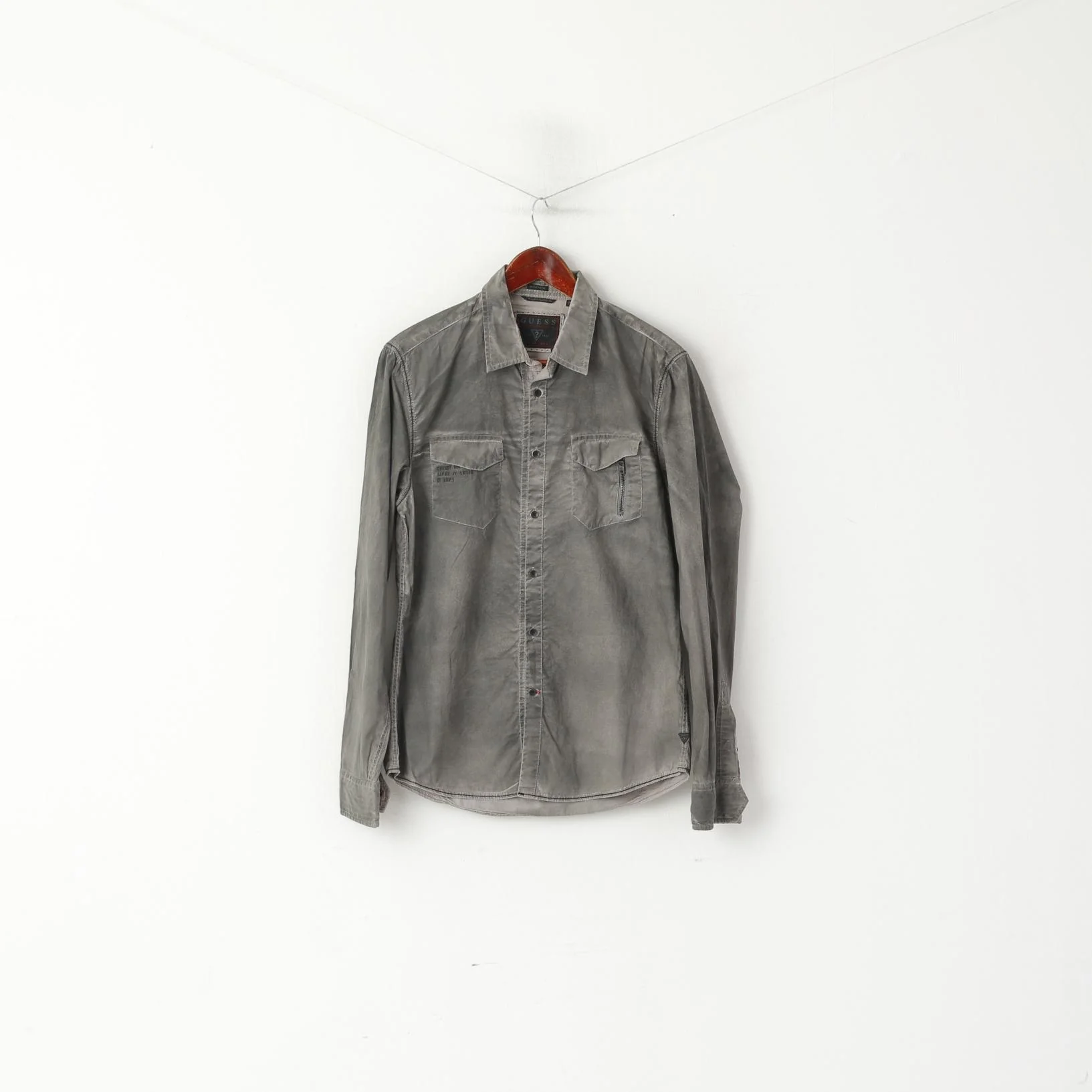 Guess Men XS Casual Shirt Gray Regular Fit Washed Look Long Sleeve Top