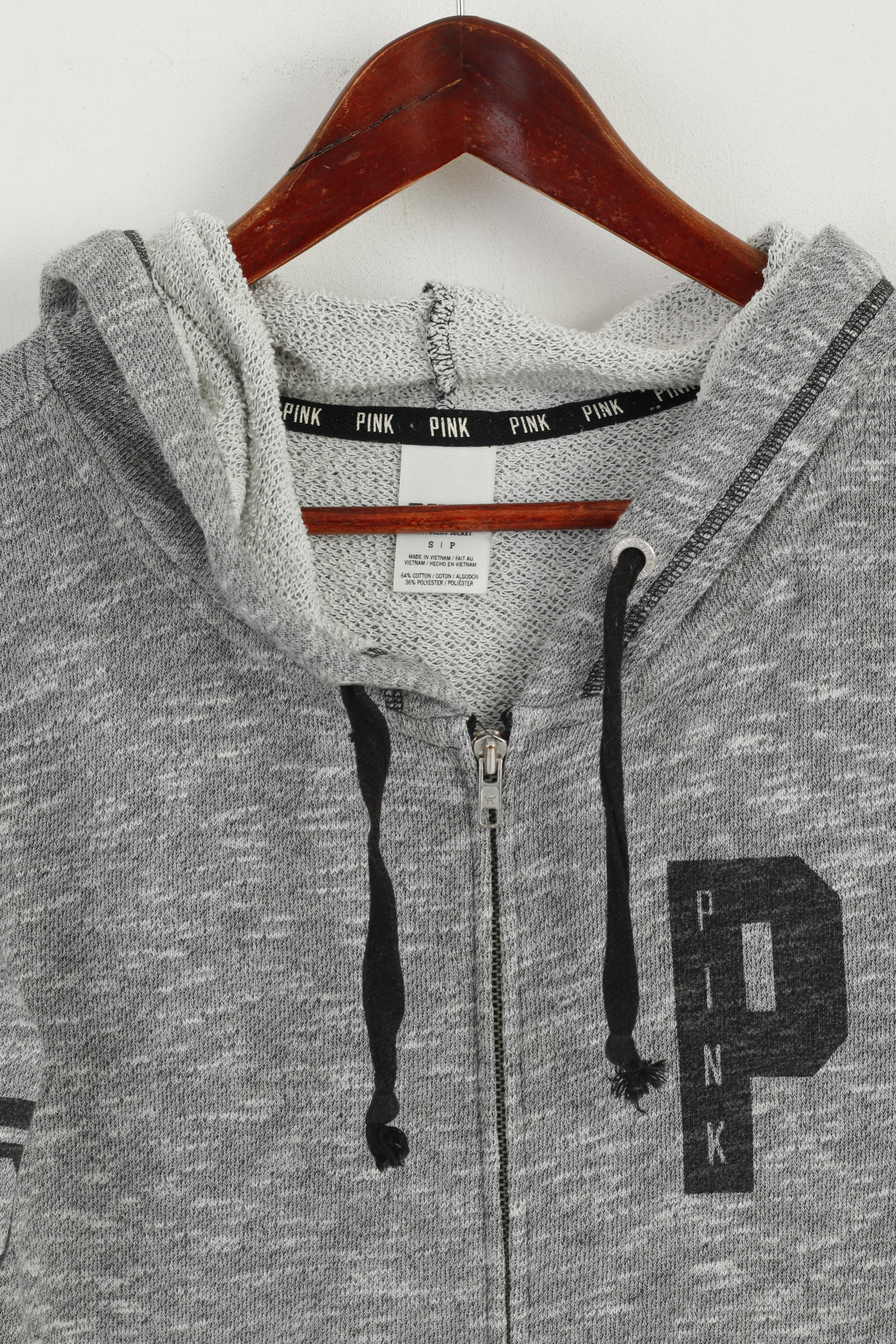 PINK Women S Sweatshirt Grey Cotton Faded hooded Full Zipper Sport Top - Image 2
