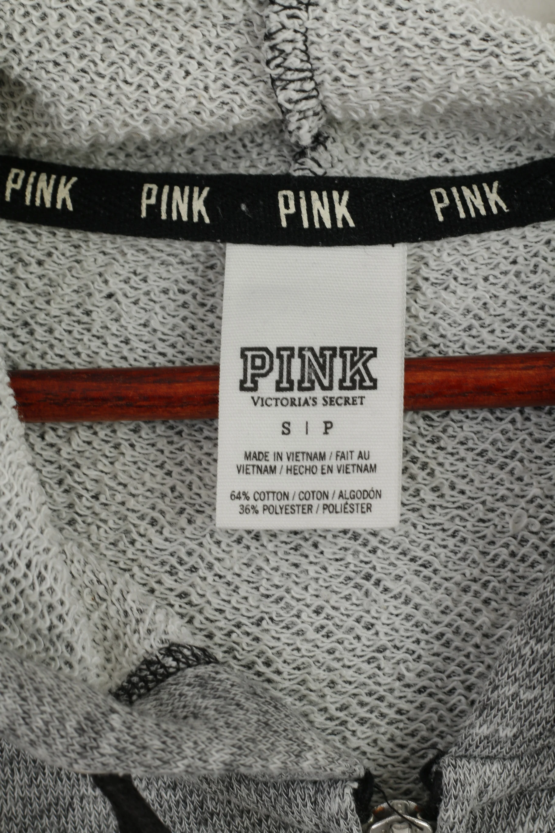 PINK Women S Sweatshirt Grey Cotton Faded hooded Full Zipper Sport Top - Image 4