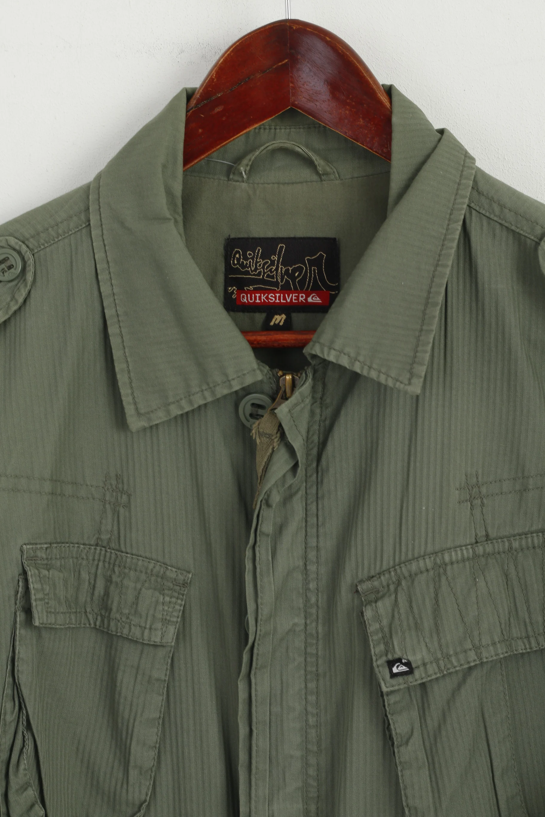 Quiksilver Men M Jacket Green Cotton Garland Plain Multi Pockets Zip Up Top - Image 2