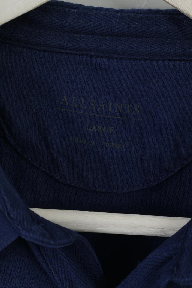 AllSaints Mens L Polo Shirt Navy Cotton Bramford SS Polo Slim Top - Image 3