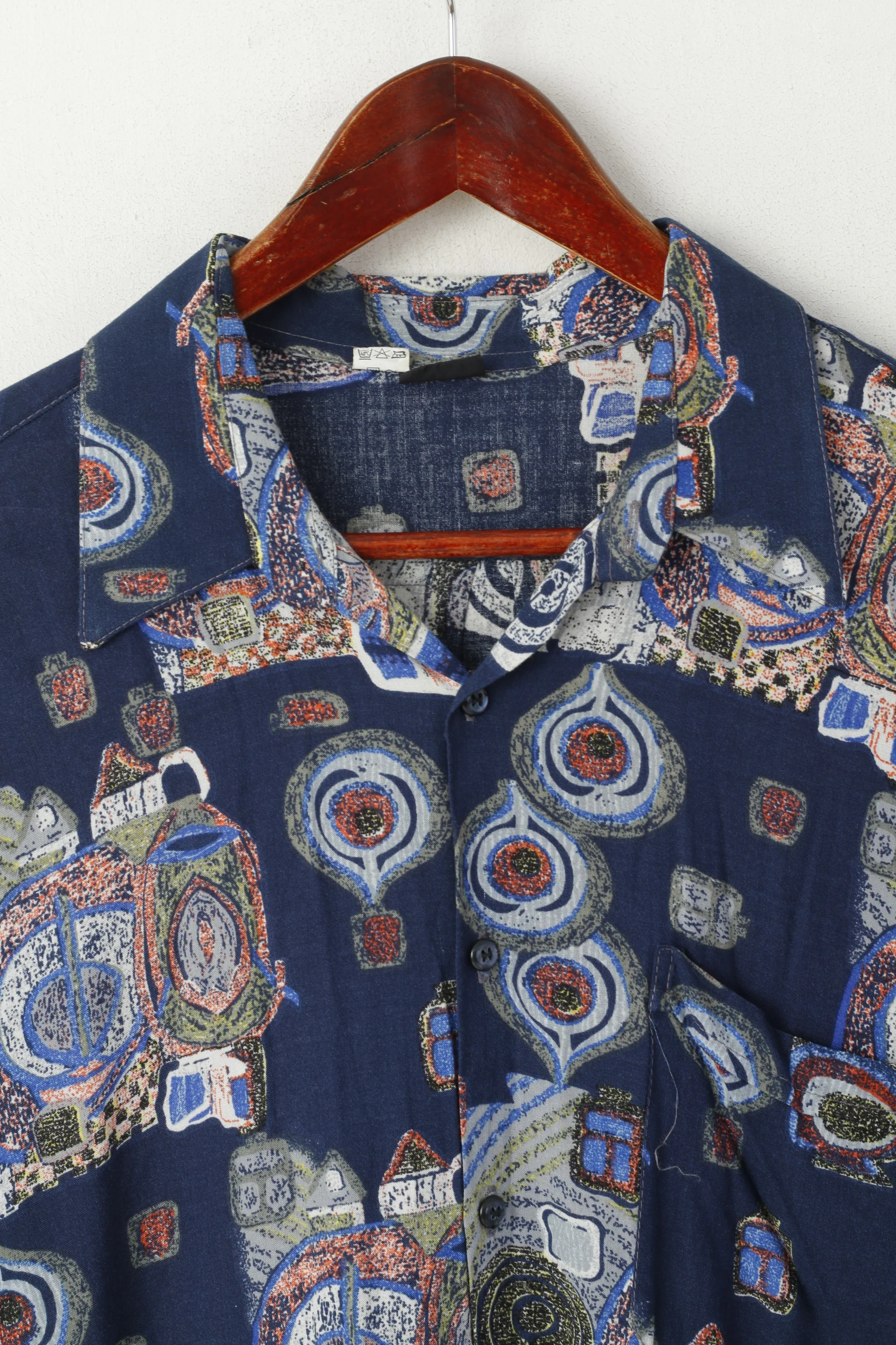 Vintage Men 42 176/182 L Casual Shirt Navy Short Sleeve Abstract Print Retro Top - Image 2