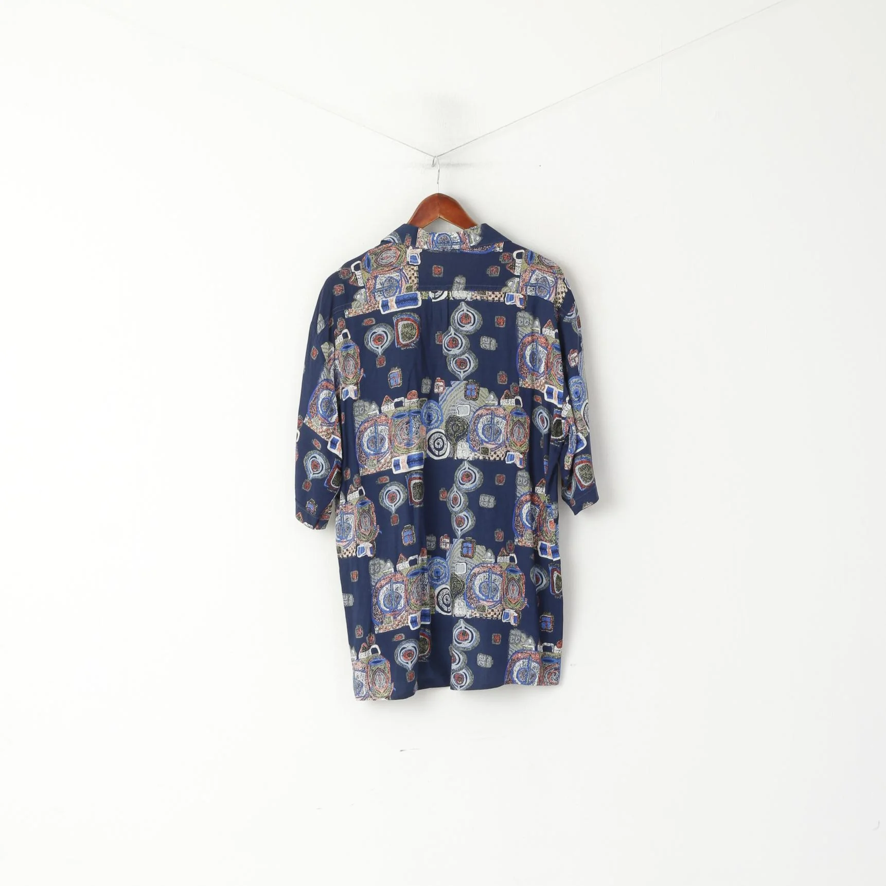 Vintage Men 42 176/182 L Casual Shirt Navy Short Sleeve Abstract Print Retro Top - Image 5