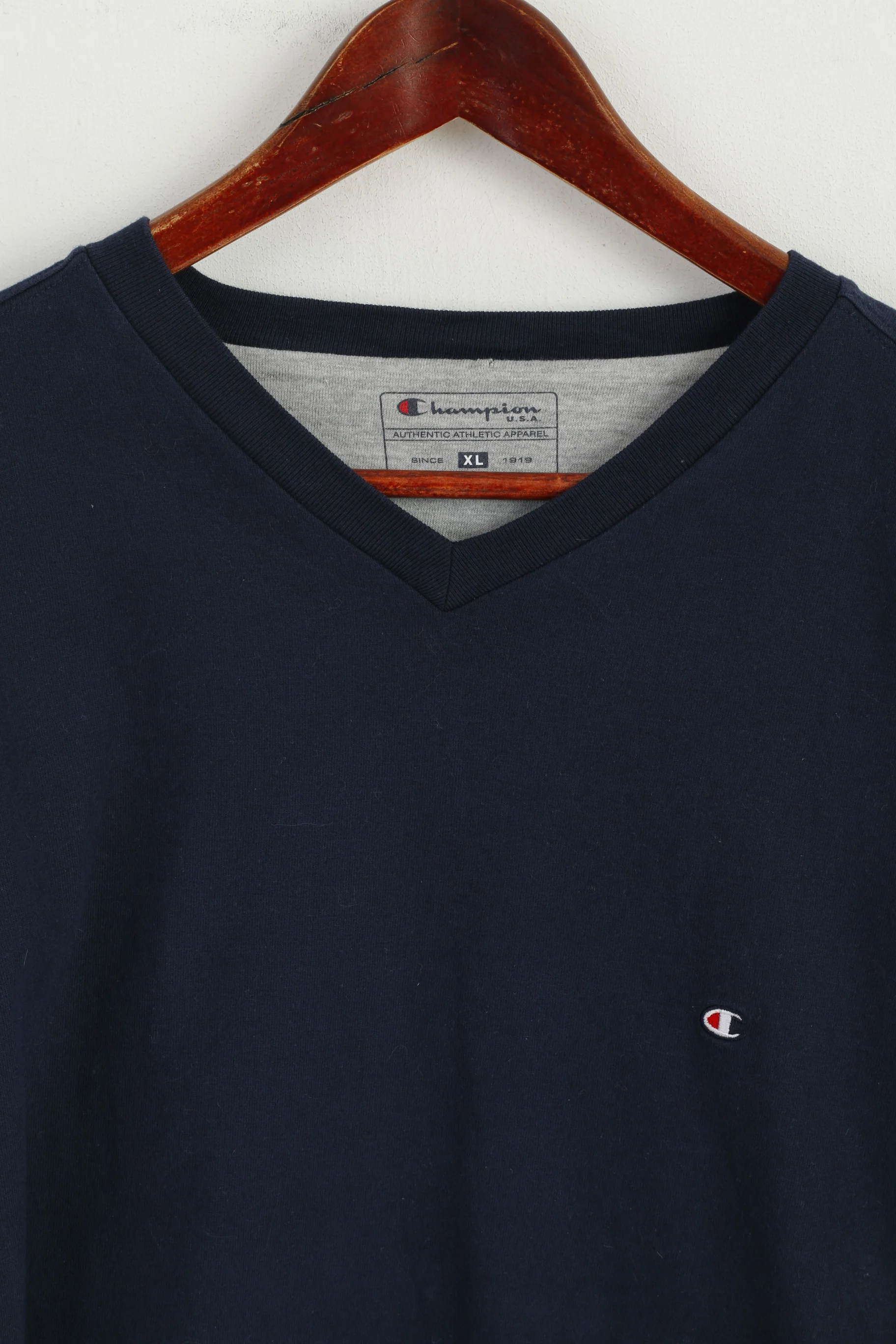 Champion Men XL Long Sleeved Shirt Navy Cotton V Neck Classic Athletic Top - Image 2