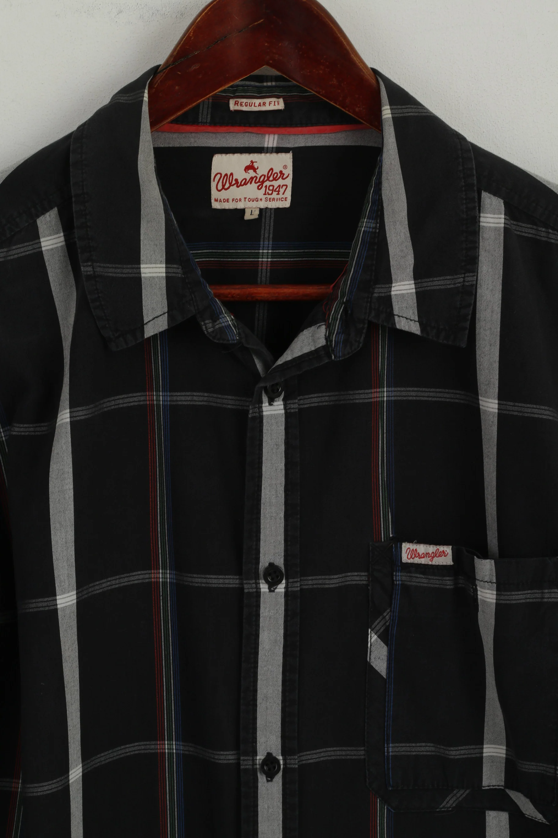 Wrangler Men L (M) Casual Shirt Black Check Cotton Pocket Western Long Sleeve Top - Image 2