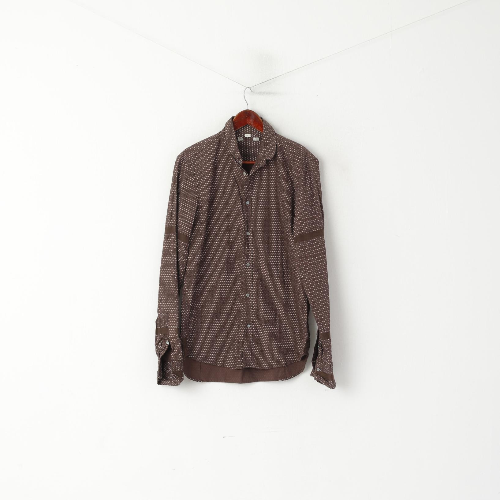 Diesel Men L (M) Casual Shirt Brown Cotton Tiny Snowflake Pattern Long Sleeve Top